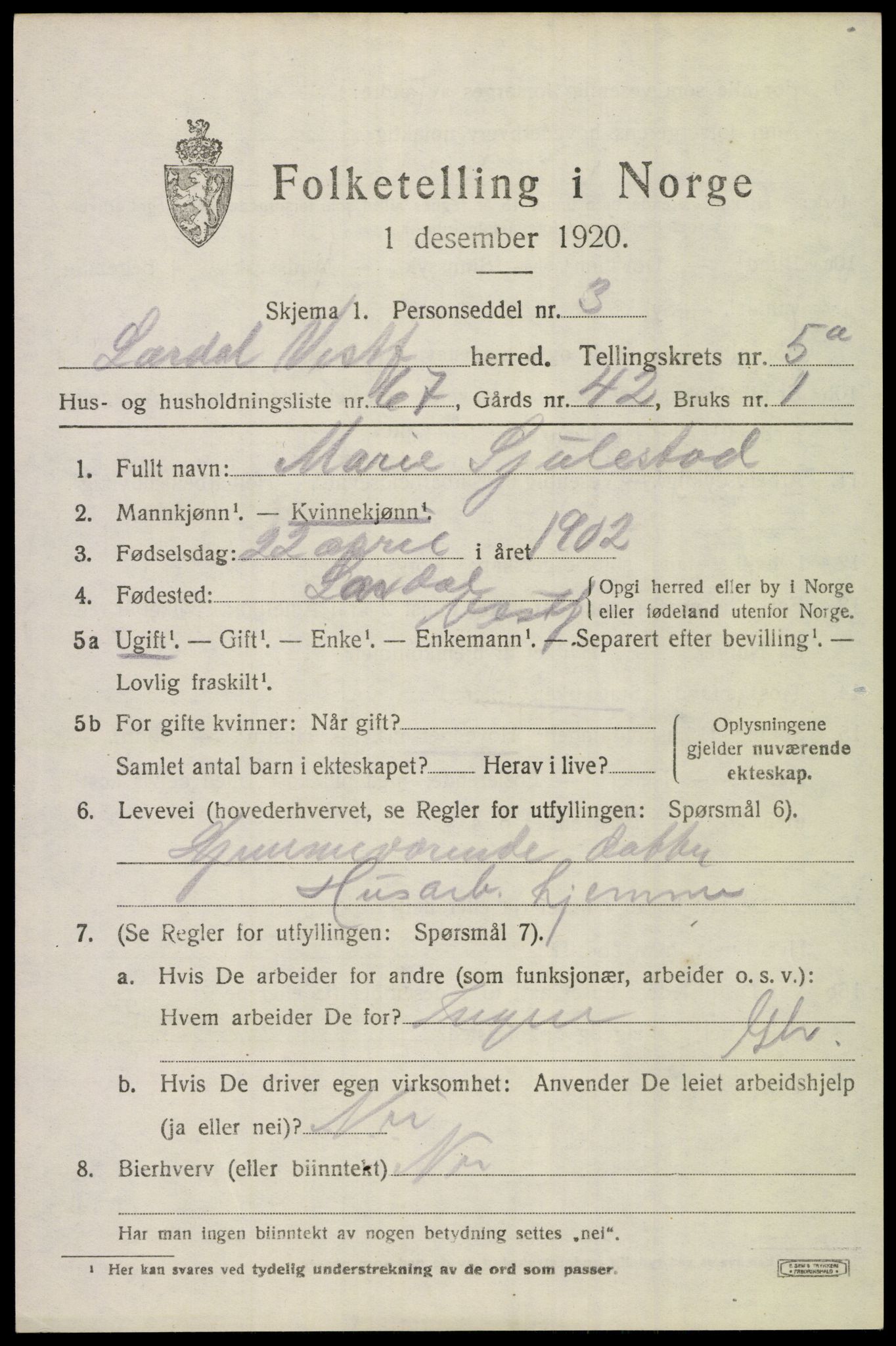 SAKO, 1920 census for Lardal, 1920, p. 5215