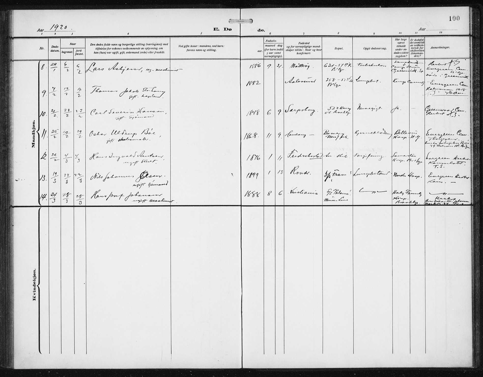 Den norske sjømannsmisjon i utlandet/New York, AV/SAB-SAB/PA-0110/H/Ha/L0007: Parish register (official) no. A 7, 1915-1923, p. 100