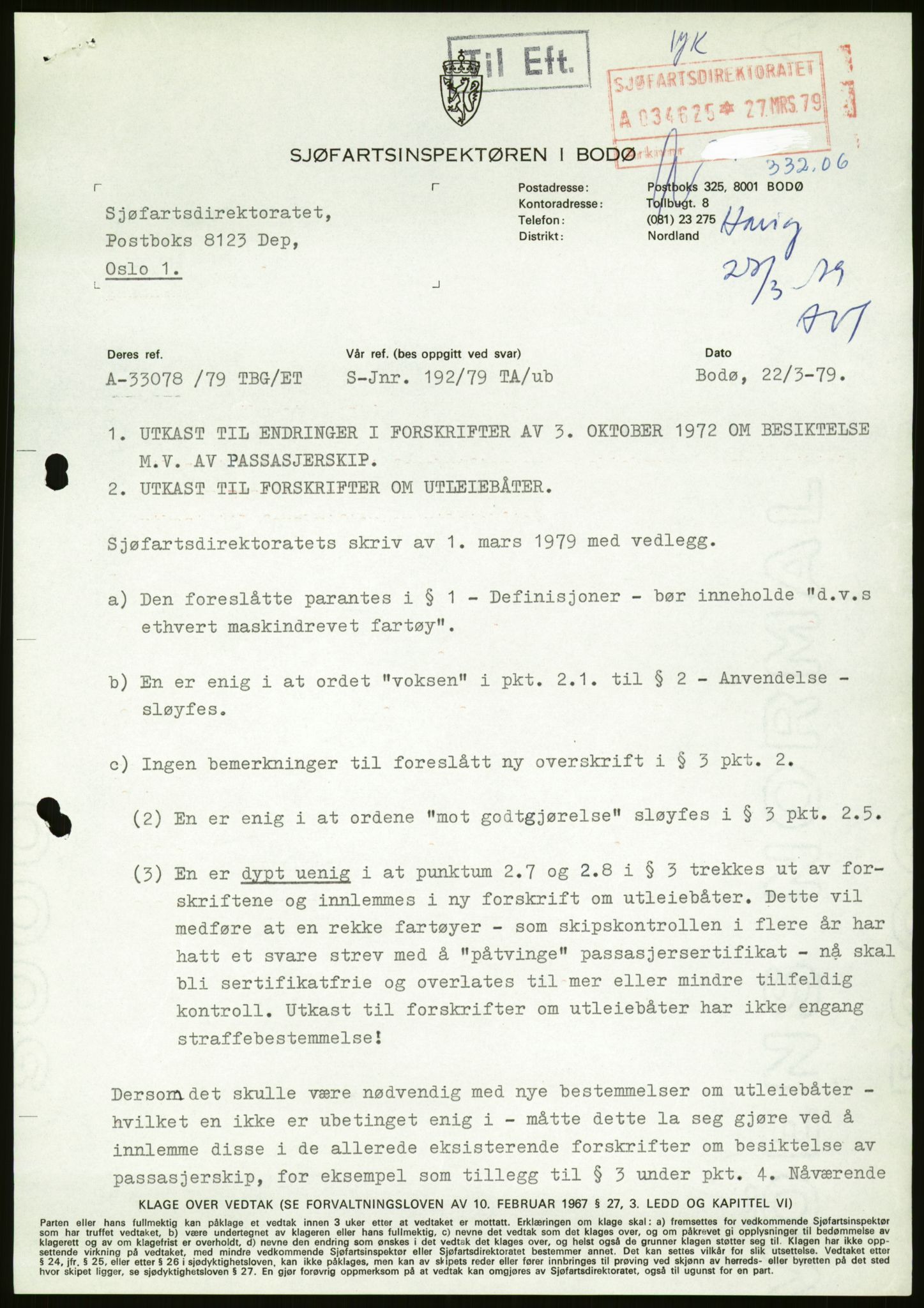 Sjøfartsdirektoratet med forløpere, generelt arkiv, AV/RA-S-1407/D/Du/Duc/L0642/0001: Skipskontrollen - Forskrifter / Forskrift om utleiebåter (2 mapper), 1978-1987, p. 325