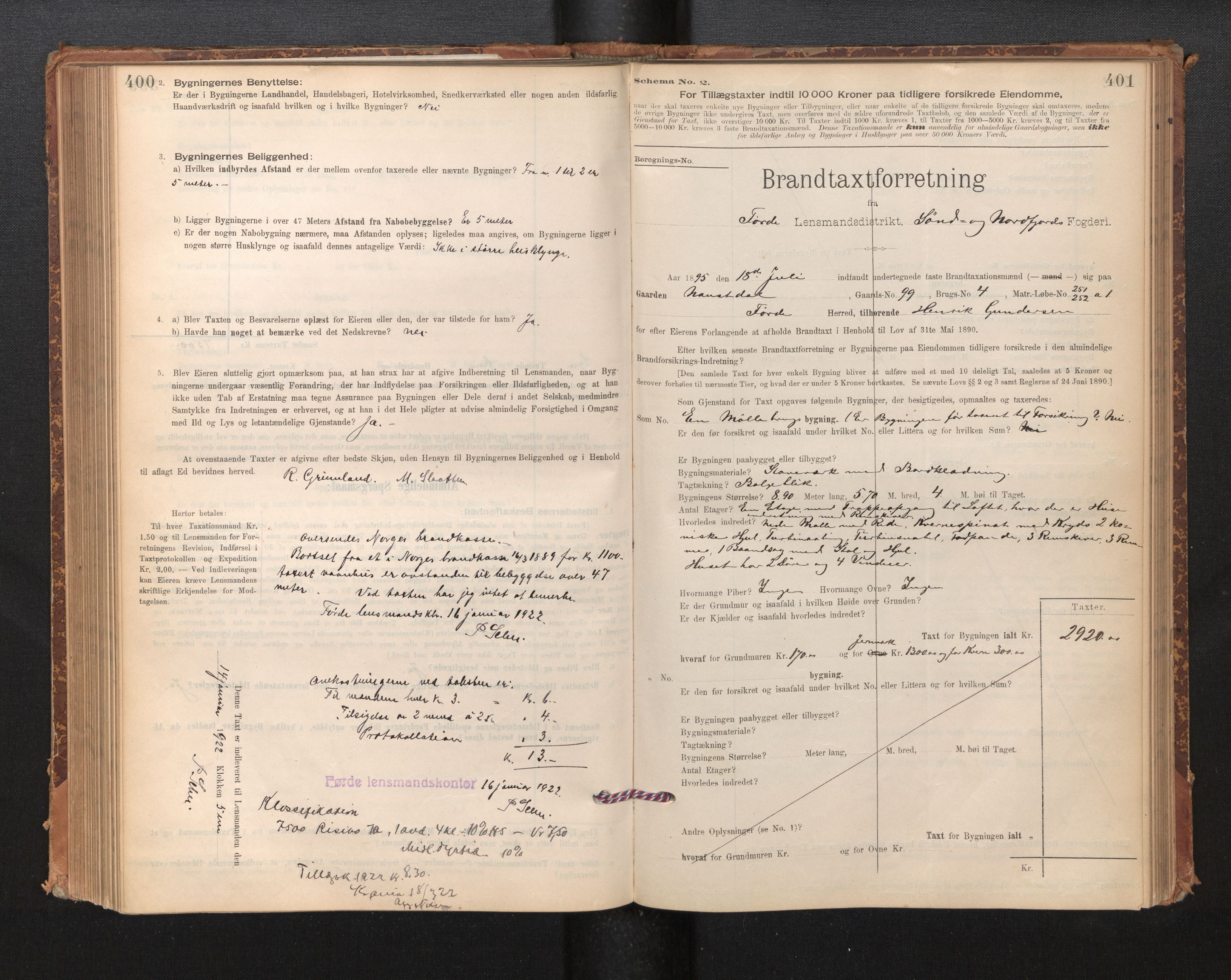Lensmannen i Førde, SAB/A-27401/0012/L0008: Branntakstprotokoll, skjematakst, 1895-1922, p. 400-401
