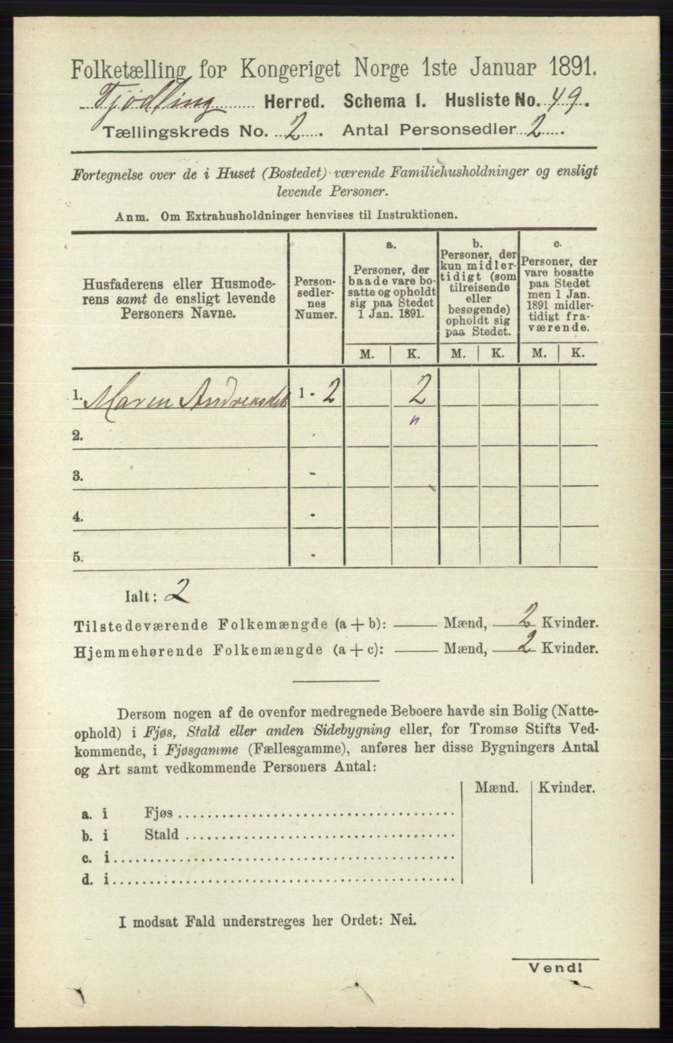 RA, 1891 census for 0725 Tjølling, 1891, p. 492