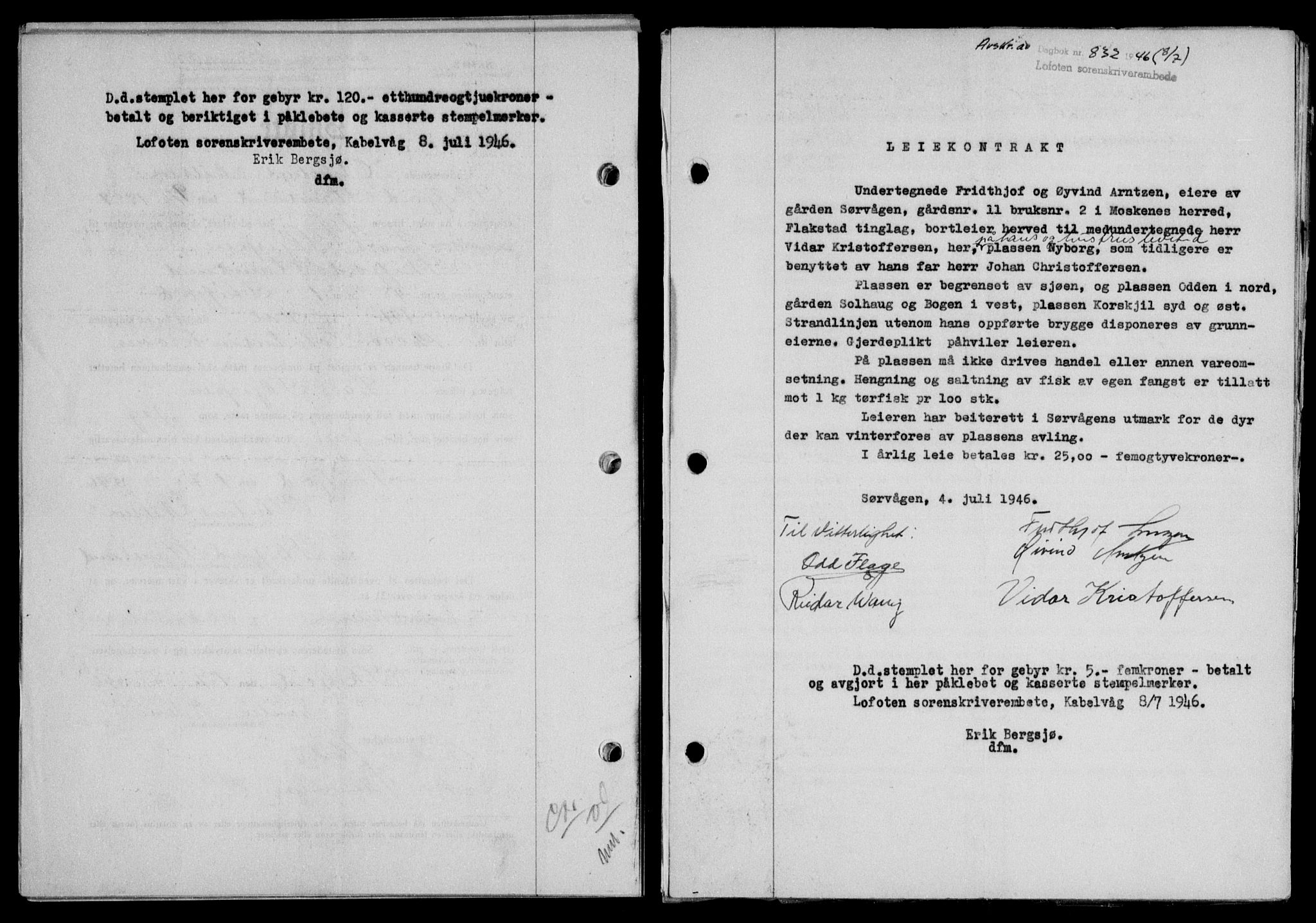 Lofoten sorenskriveri, SAT/A-0017/1/2/2C/L0014a: Mortgage book no. 14a, 1946-1946, Diary no: : 832/1946