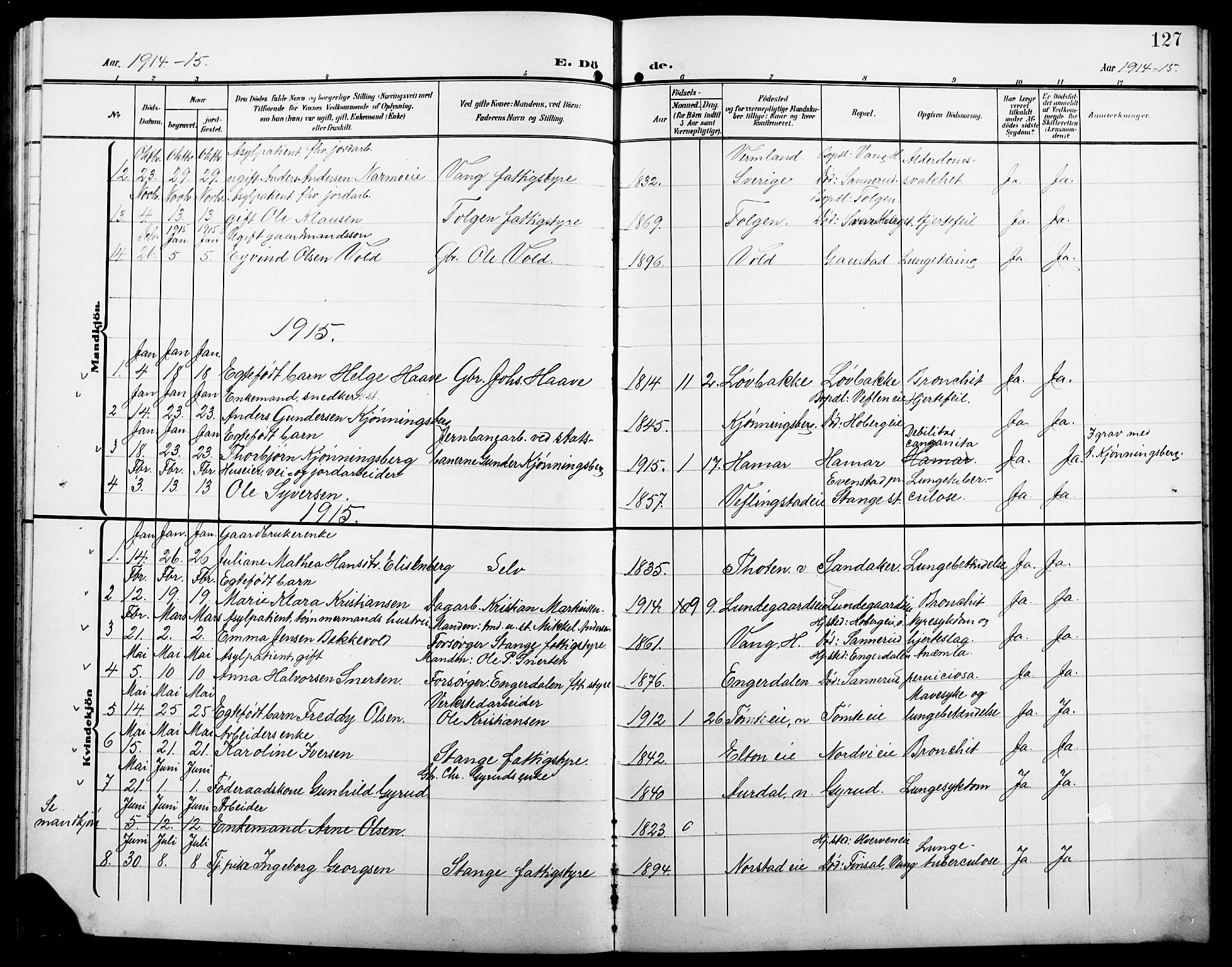 Stange prestekontor, SAH/PREST-002/L/L0013: Parish register (copy) no. 13, 1906-1915, p. 127