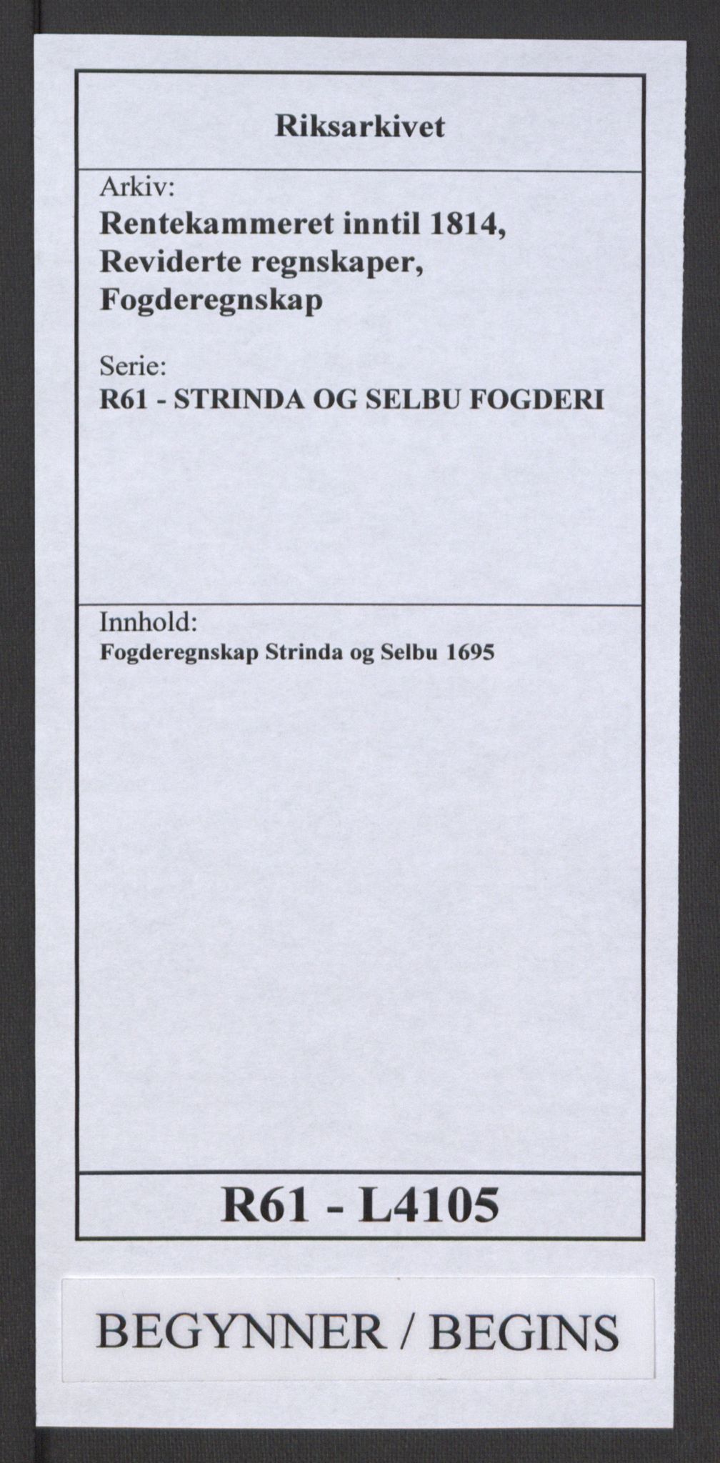 Rentekammeret inntil 1814, Reviderte regnskaper, Fogderegnskap, AV/RA-EA-4092/R61/L4105: Fogderegnskap Strinda og Selbu, 1695, p. 1