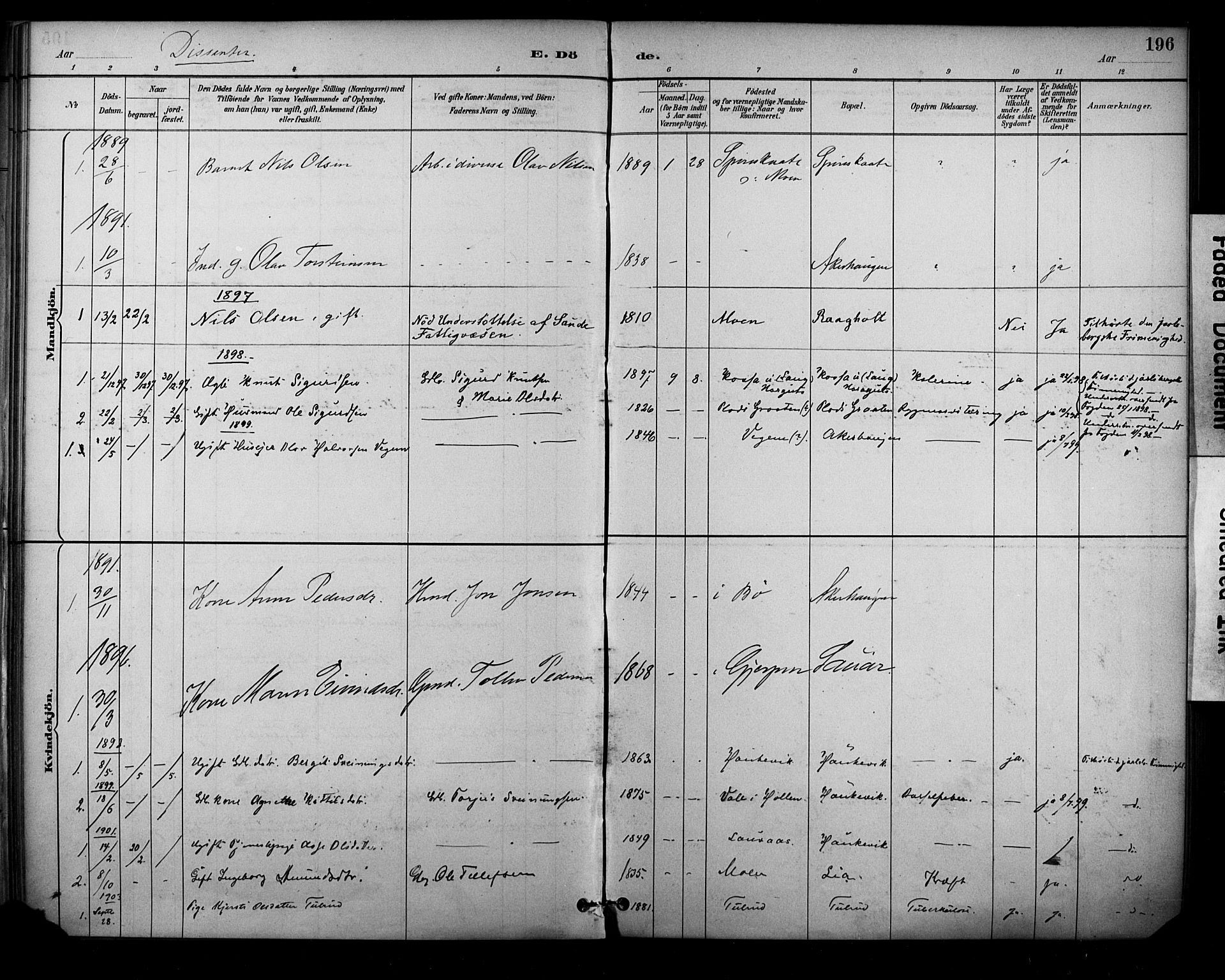 Sauherad kirkebøker, SAKO/A-298/F/Fa/L0009: Parish register (official) no. I 9, 1887-1912, p. 196
