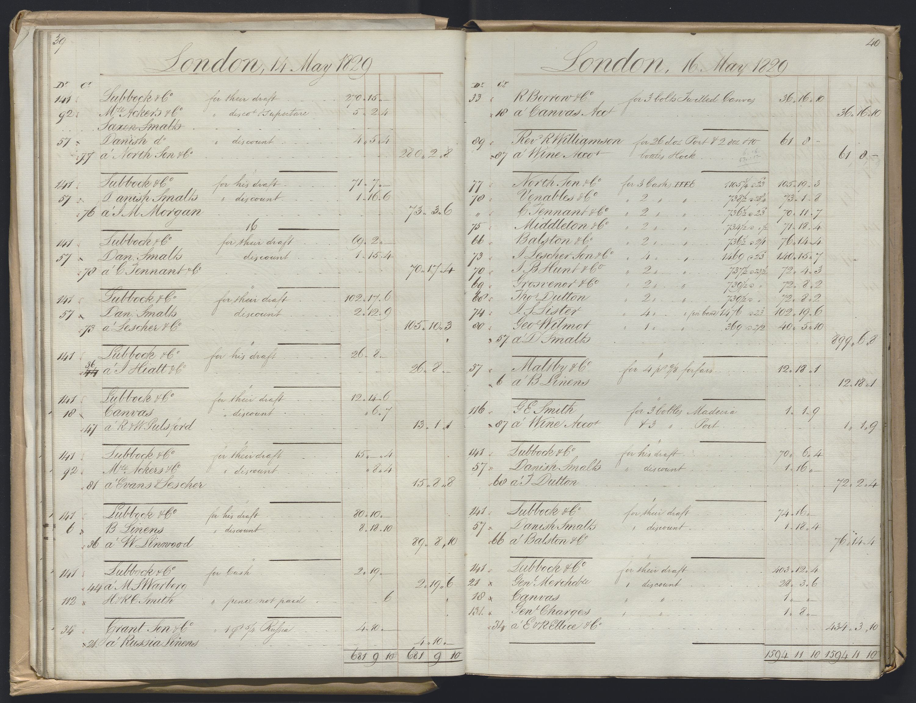 Smith, Goodhall & Reeves, RA/PA-0586/R/L0001: Dagbok (Daybook) A, 1829-1831, p. 39-40