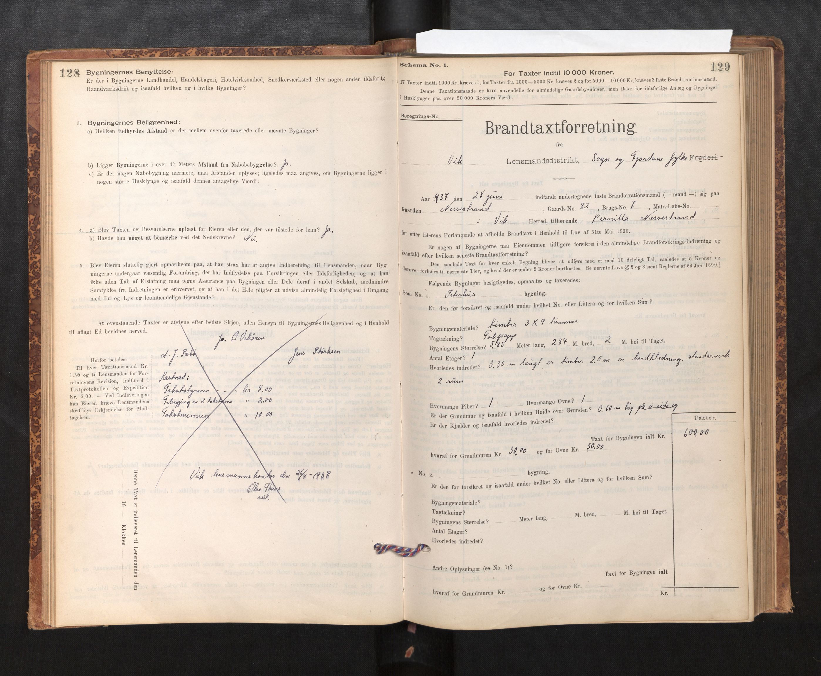 Lensmannen i Vik, SAB/A-30301/0012/L0006: Branntakstprotokoll, skjematakst, 1896-1949, p. 128-129