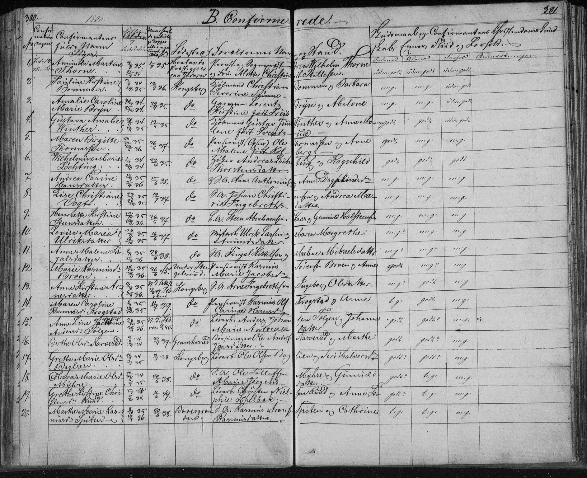 Kongsberg kirkebøker, AV/SAKO-A-22/F/Fa/L0009: Parish register (official) no. I 9, 1839-1858, p. 380-381