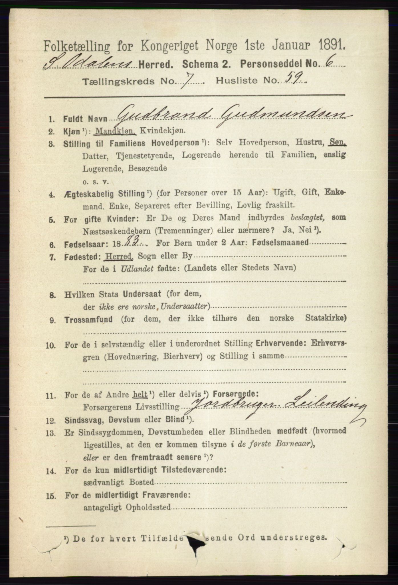 RA, 1891 census for 0419 Sør-Odal, 1891, p. 3955