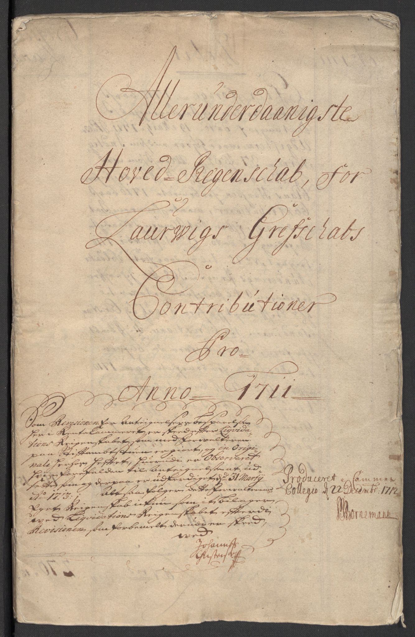 Rentekammeret inntil 1814, Reviderte regnskaper, Fogderegnskap, AV/RA-EA-4092/R33/L1983: Fogderegnskap Larvik grevskap, 1711, p. 3