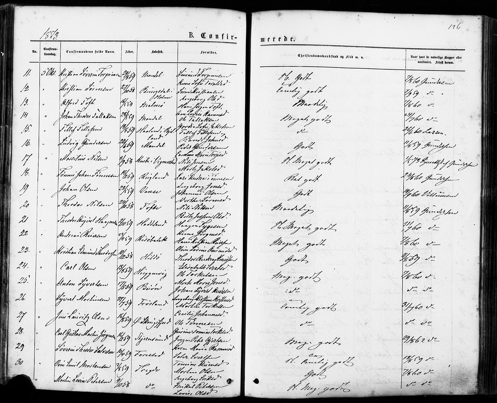 Mandal sokneprestkontor, SAK/1111-0030/F/Fa/Faa/L0015: Parish register (official) no. A 15, 1873-1879, p. 126