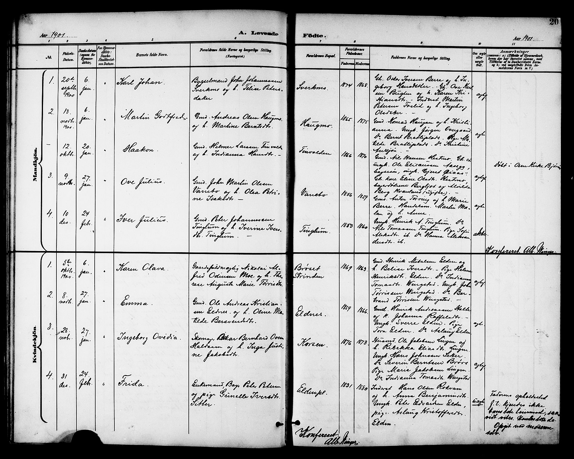 Ministerialprotokoller, klokkerbøker og fødselsregistre - Nord-Trøndelag, AV/SAT-A-1458/742/L0412: Parish register (copy) no. 742C03, 1898-1910, p. 20