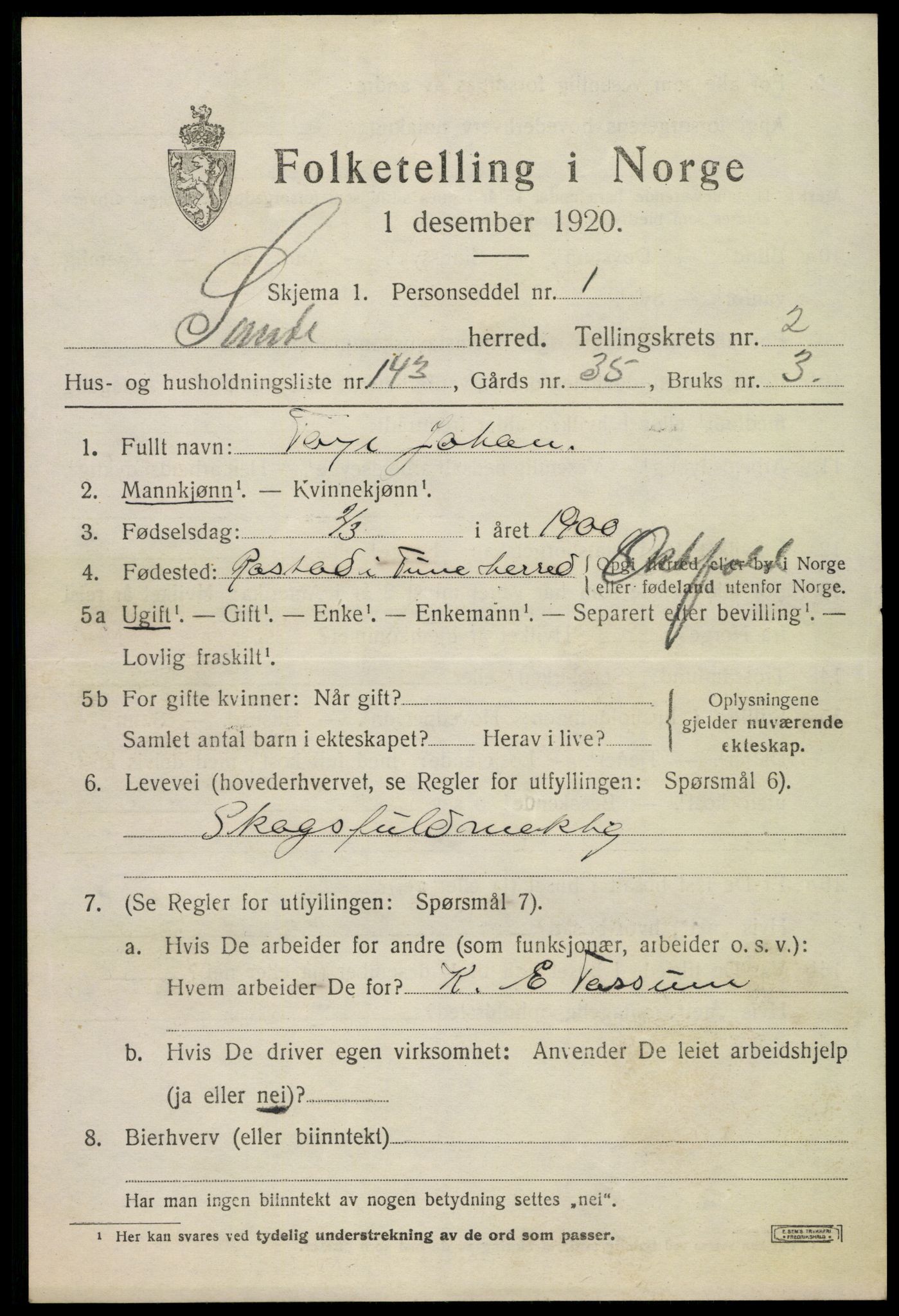 SAKO, 1920 census for Sande, 1920, p. 4046