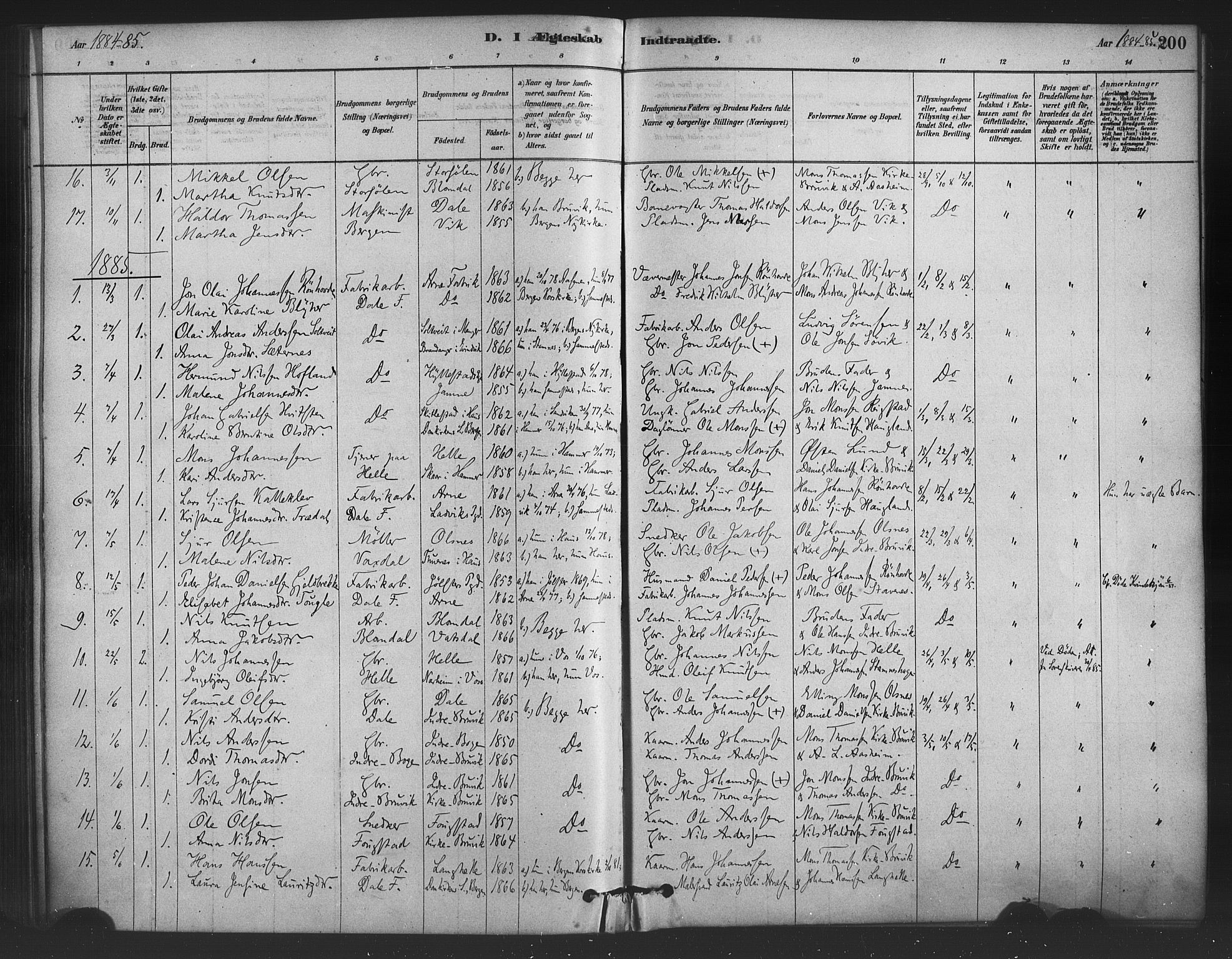 Bruvik Sokneprestembete, SAB/A-74701/H/Haa: Parish register (official) no. B 1, 1878-1904, p. 200