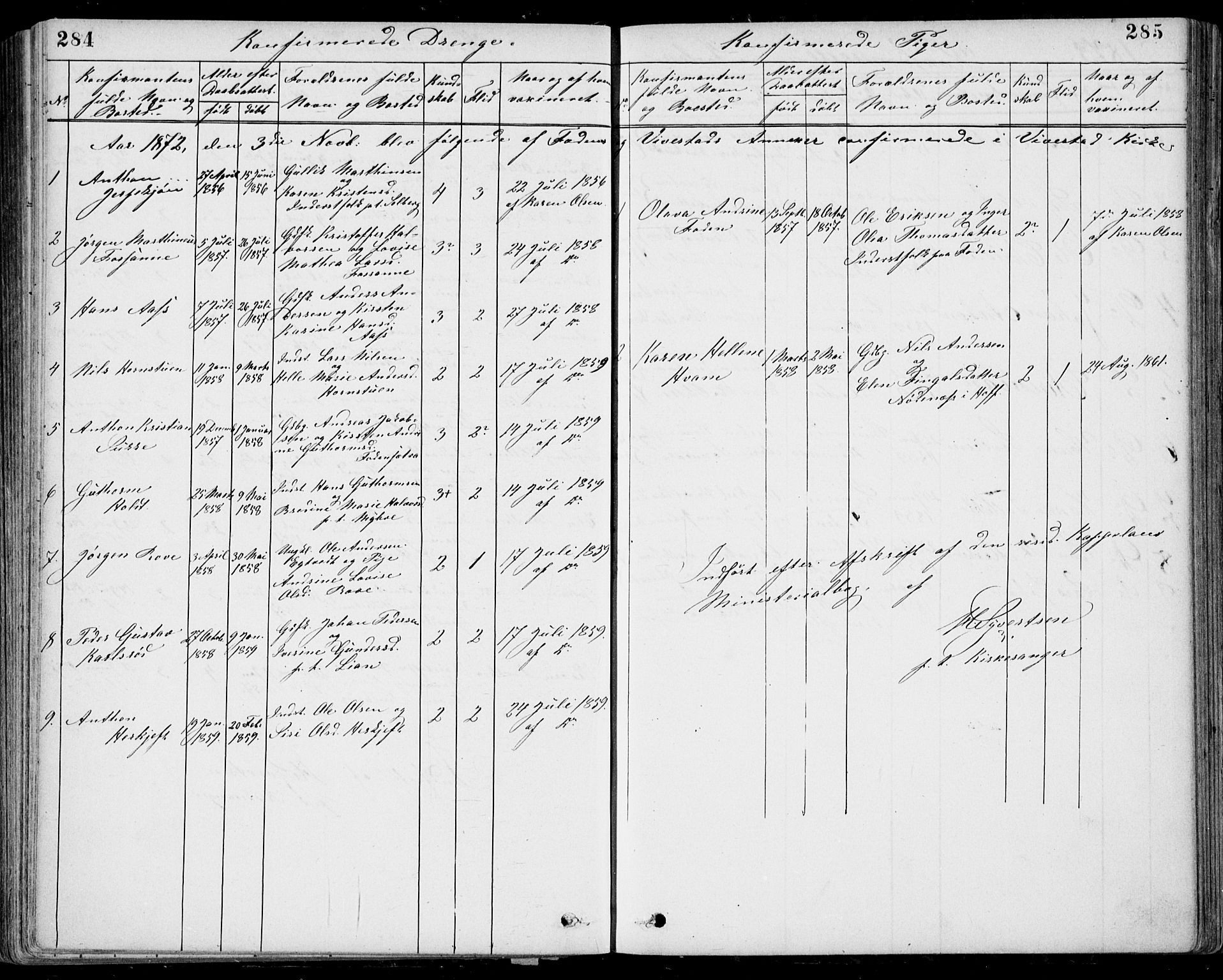 Ramnes kirkebøker, SAKO/A-314/G/Gb/L0001: Parish register (copy) no. II 1, 1869-1904, p. 284-285