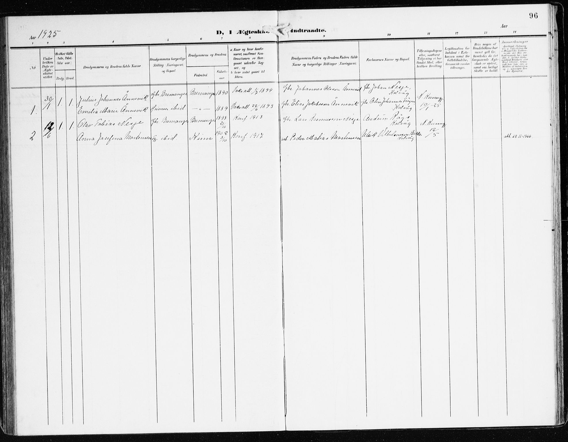 Bremanger sokneprestembete, SAB/A-82201/H/Haa/Haab/L0003: Parish register (official) no. B 3, 1908-1925, p. 96