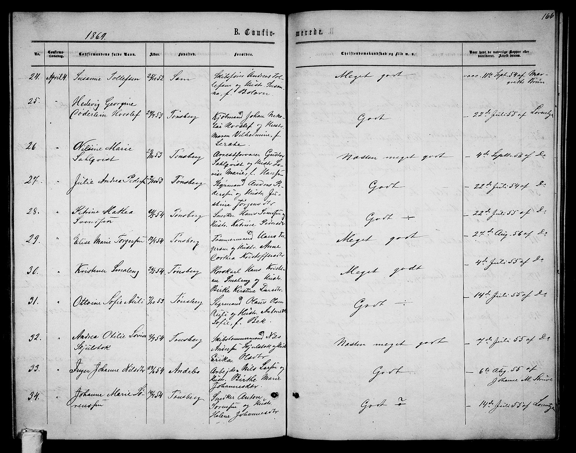 Tønsberg kirkebøker, AV/SAKO-A-330/G/Ga/L0004: Parish register (copy) no. 4, 1865-1874, p. 166