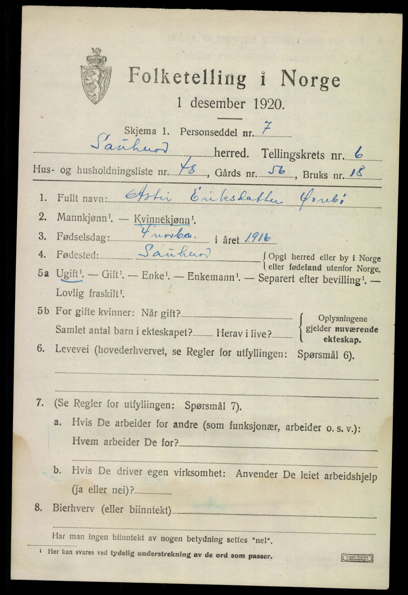 SAKO, 1920 census for Sauherad, 1920, p. 5583