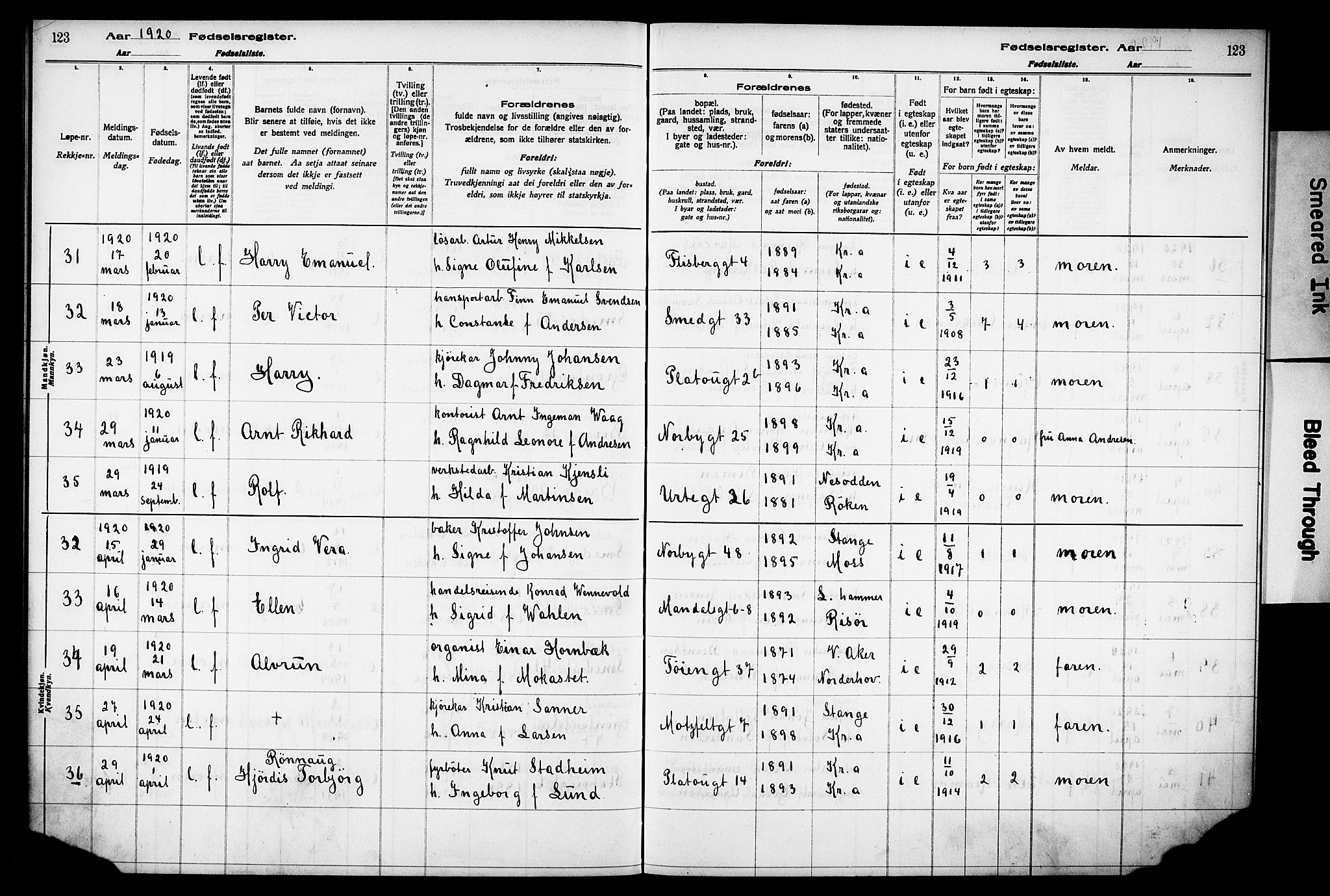 Grønland prestekontor Kirkebøker, AV/SAO-A-10848/J/Ja/L0001: Birth register no. 1, 1916-1922, p. 123