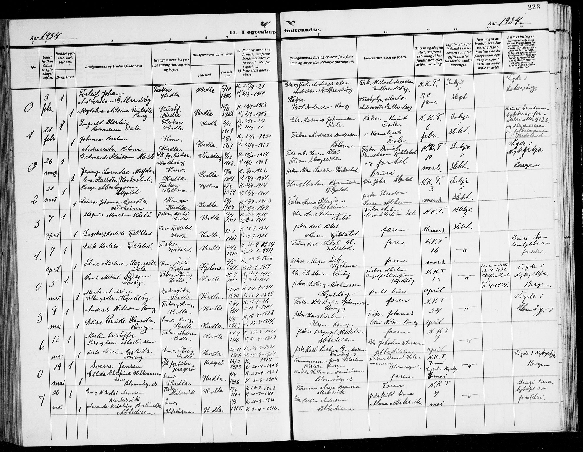 Herdla Sokneprestembete, AV/SAB-A-75701/H/Hab: Parish register (copy) no. C 3, 1926-1940, p. 223