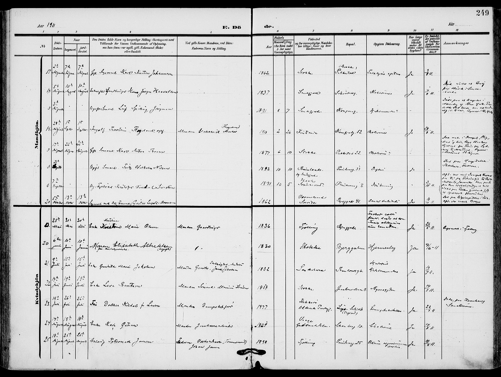 Sandefjord kirkebøker, SAKO/A-315/F/Fa/L0005: Parish register (official) no. 5, 1906-1915, p. 249