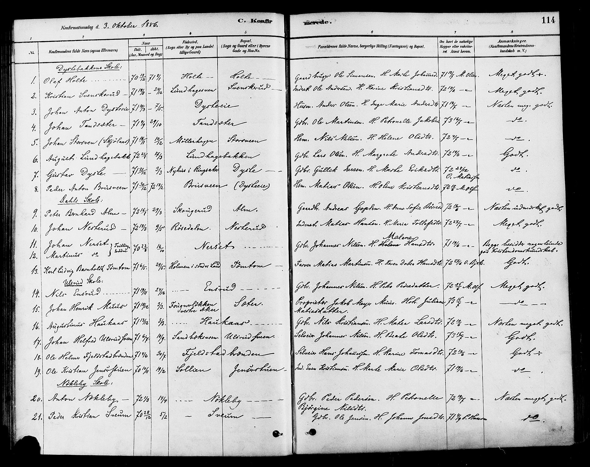 Vestre Toten prestekontor, SAH/PREST-108/H/Ha/Haa/L0010: Parish register (official) no. 10, 1878-1894, p. 114