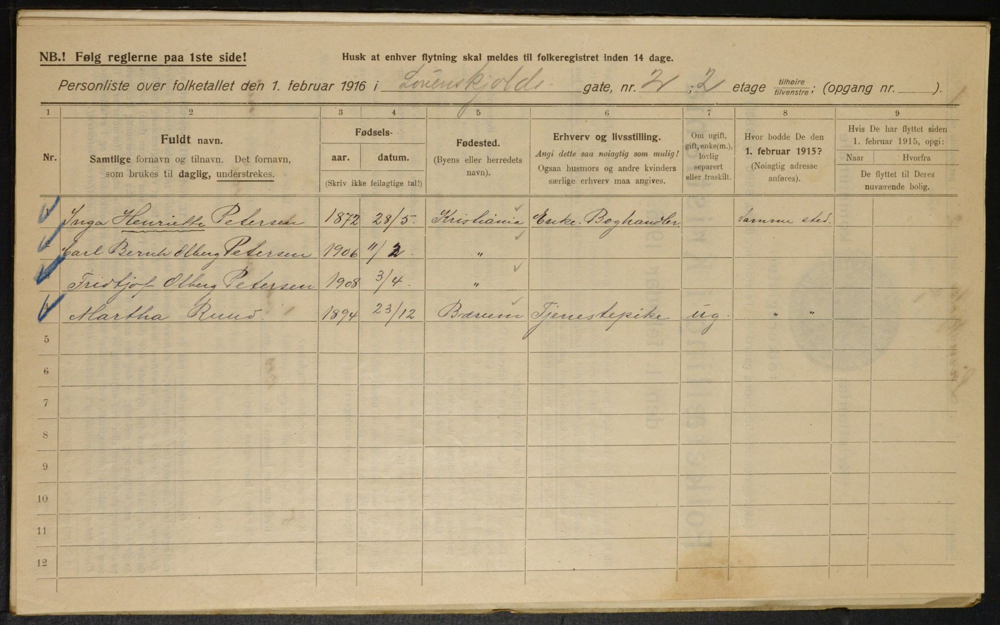 OBA, Municipal Census 1916 for Kristiania, 1916, p. 60121