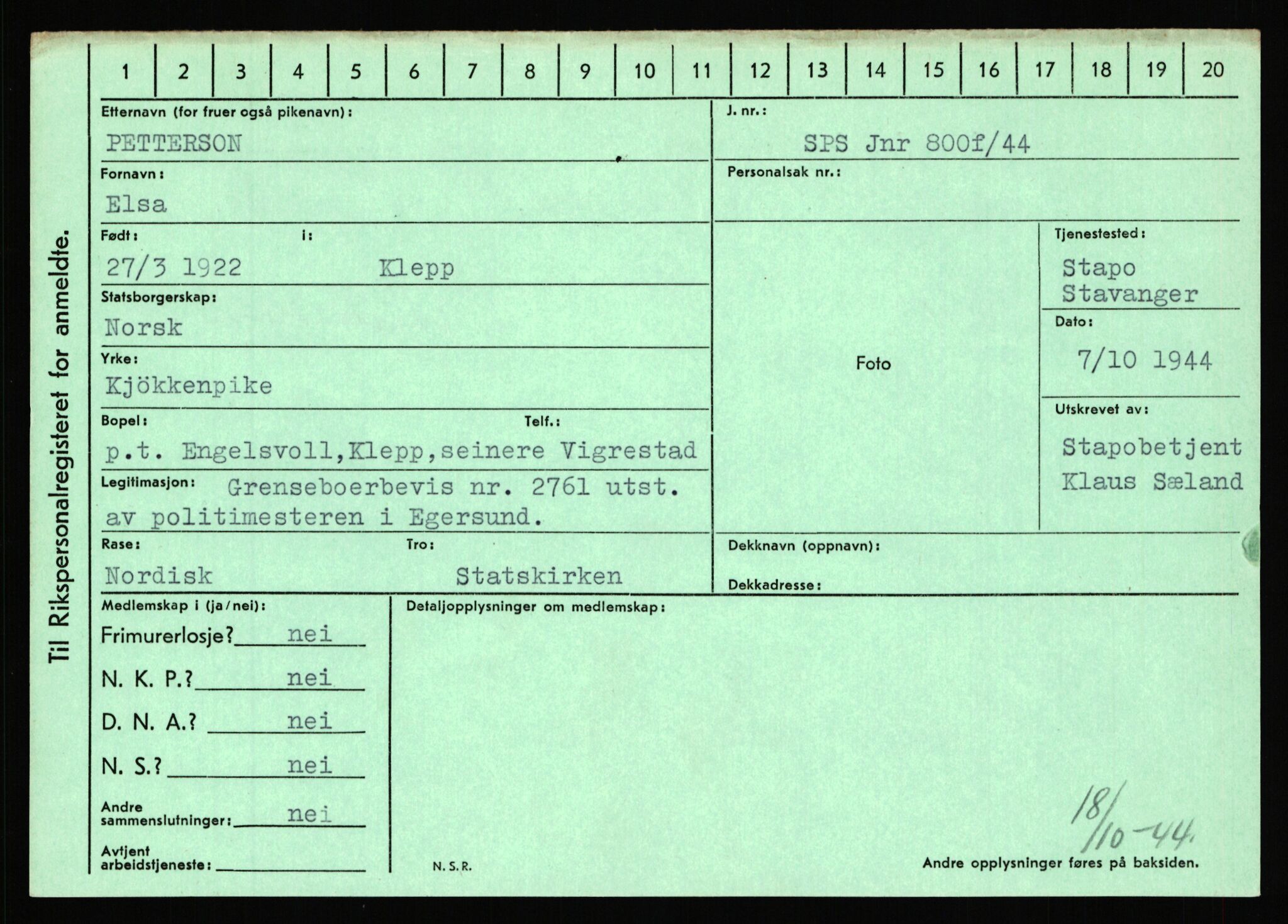 Statspolitiet - Hovedkontoret / Osloavdelingen, AV/RA-S-1329/C/Ca/L0012: Oanæs - Quistgaard	, 1943-1945, p. 4454