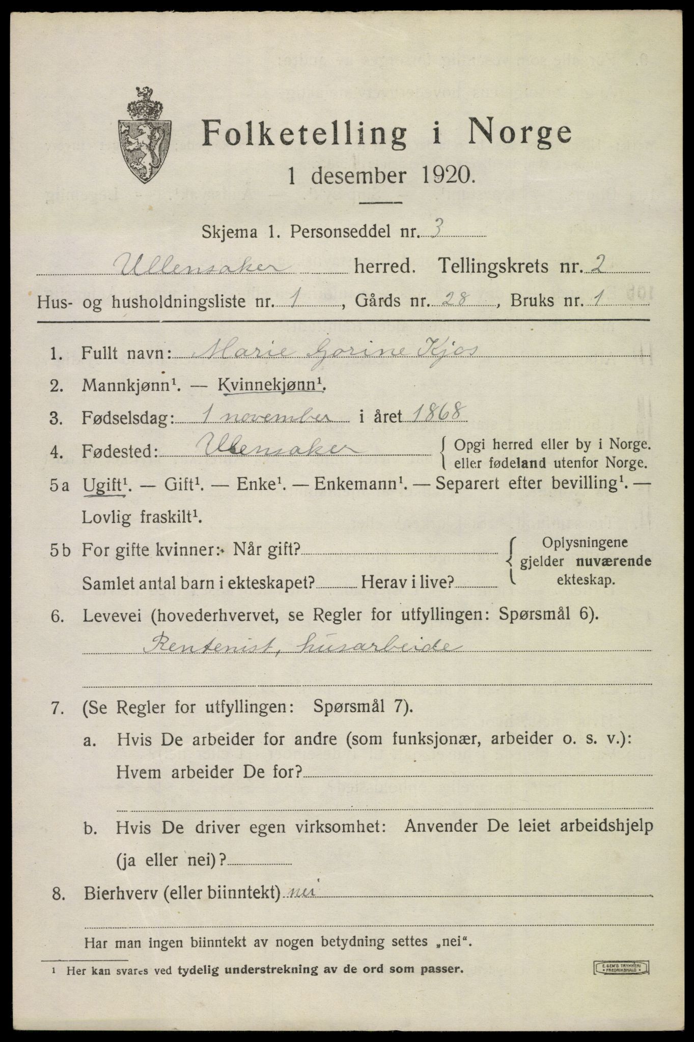 SAO, 1920 census for Ullensaker, 1920, p. 4669