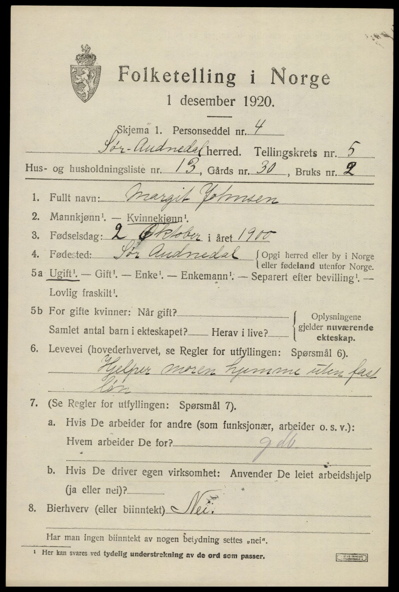 SAK, 1920 census for Sør-Audnedal, 1920, p. 2637