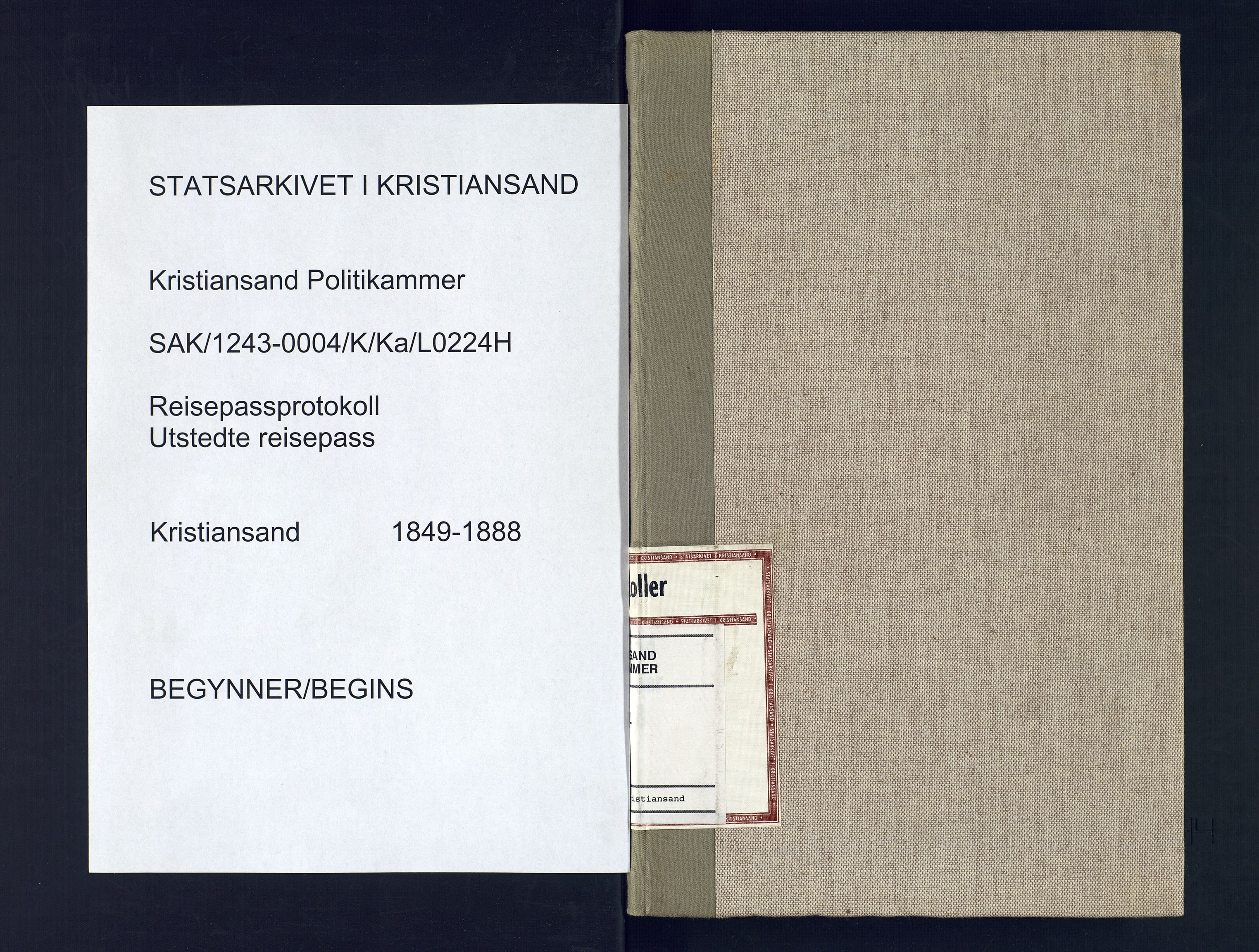 Kristiansand politikammer, AV/SAK-1243-0004/K/Ka/L0224H: Reisepassprotokoll utstedte reisepass, 1849-1888, p. 1