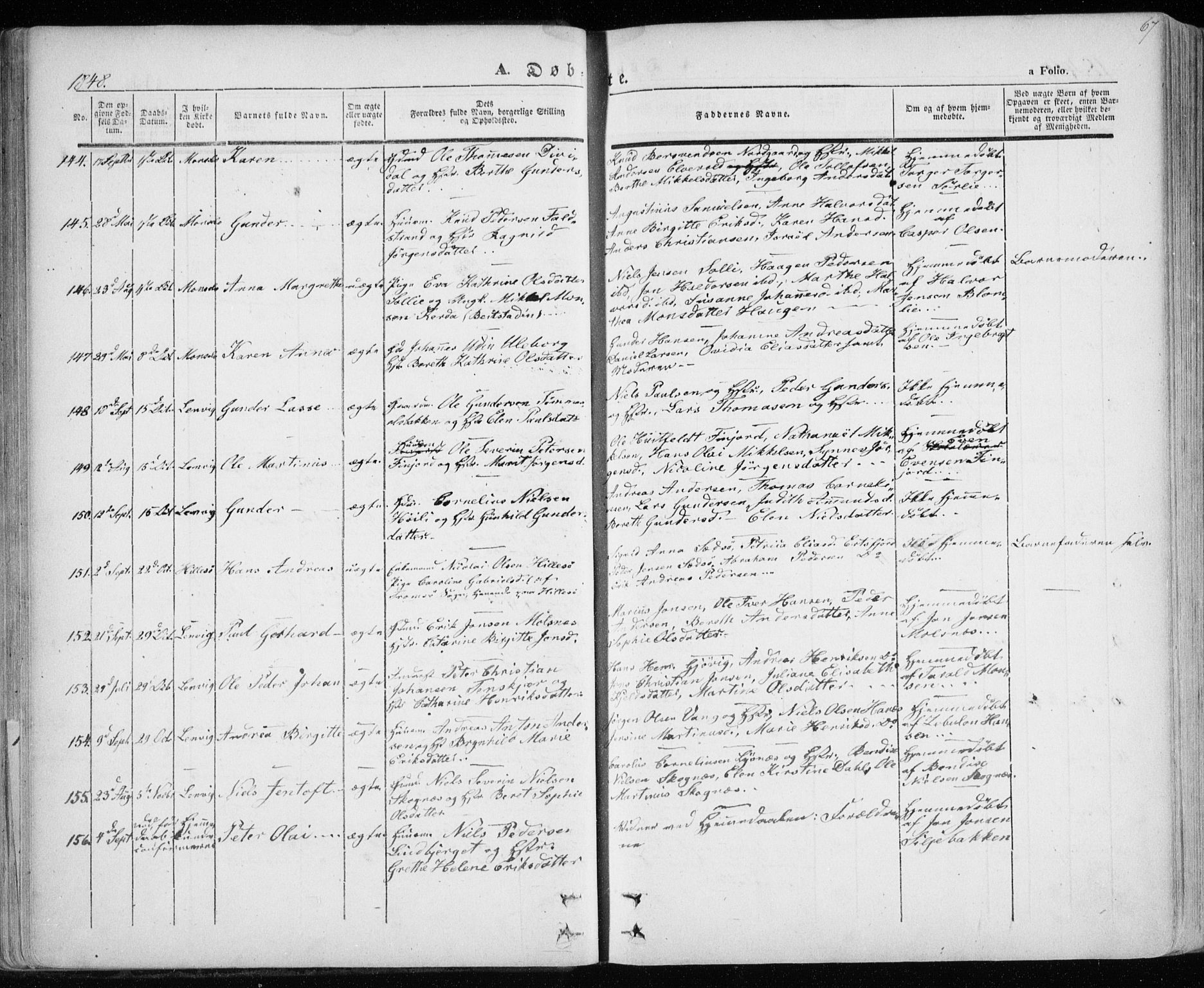 Lenvik sokneprestembete, SATØ/S-1310/H/Ha/Haa/L0006kirke: Parish register (official) no. 6, 1845-1854, p. 67