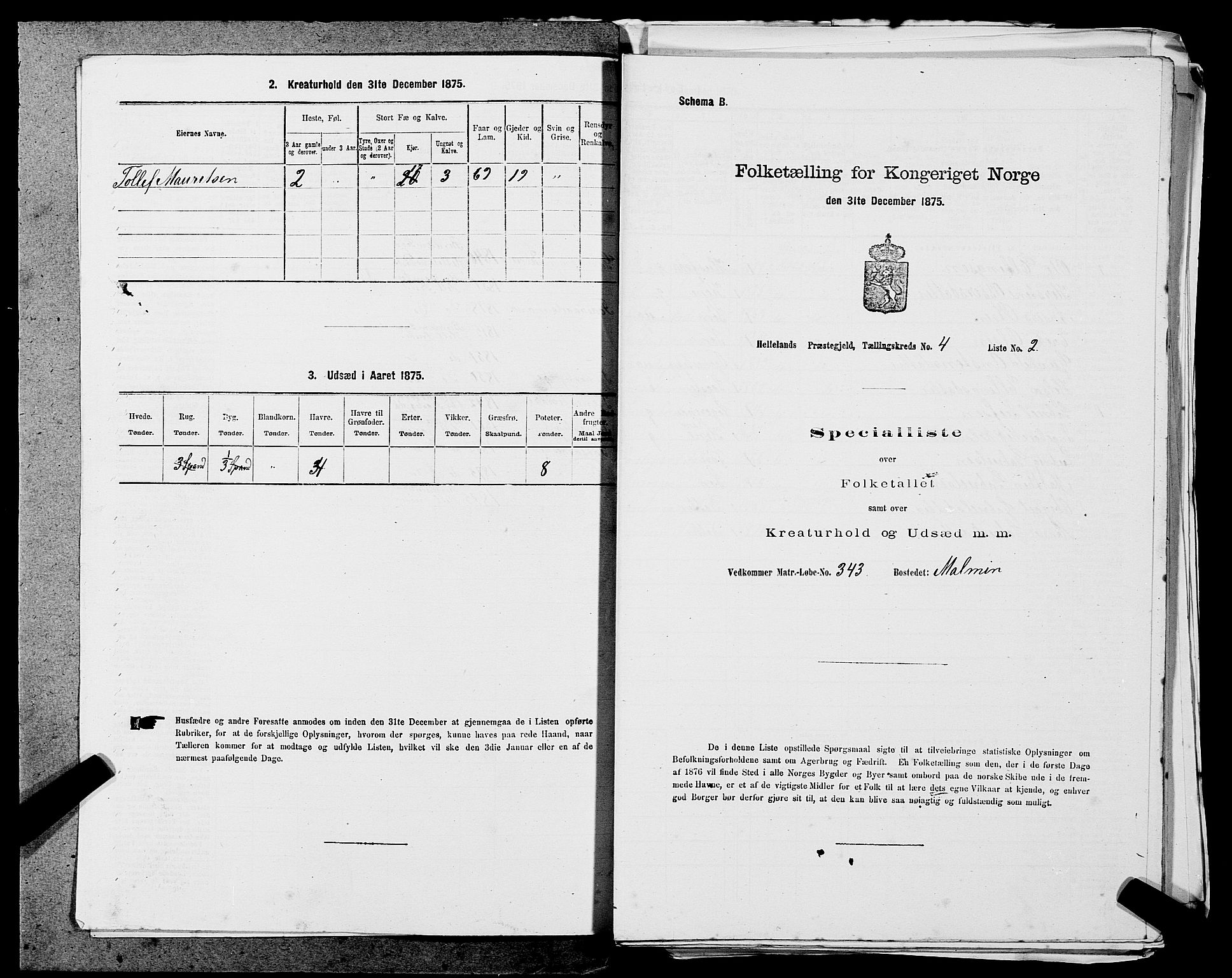 SAST, 1875 census for 1115P Helleland, 1875, p. 884