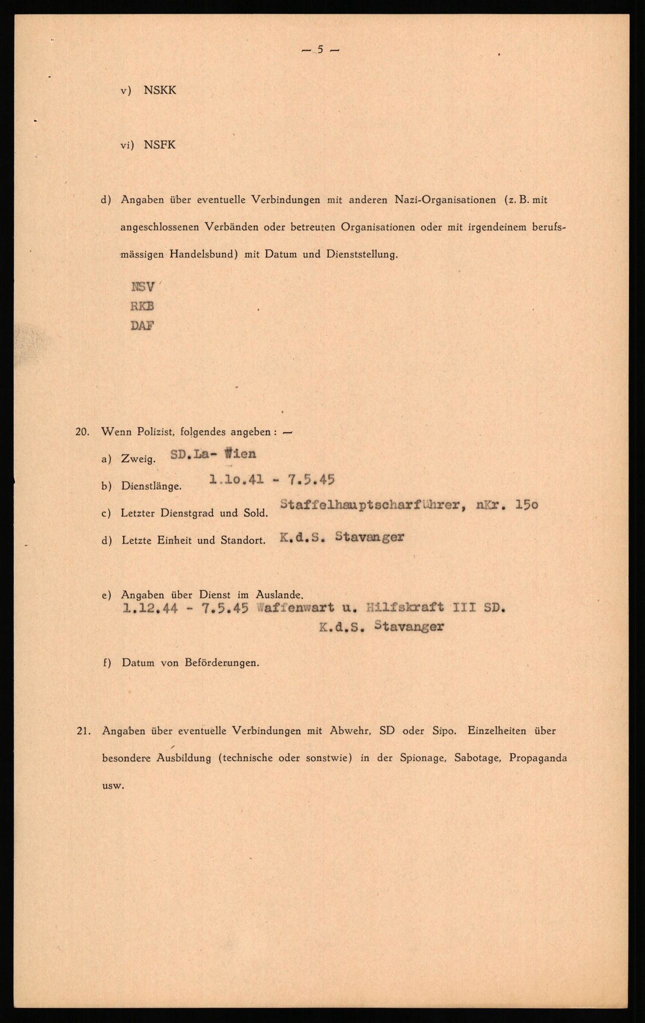 Forsvaret, Forsvarets overkommando II, RA/RAFA-3915/D/Db/L0039: CI Questionaires. Tyske okkupasjonsstyrker i Norge. Østerrikere., 1945-1946, p. 257