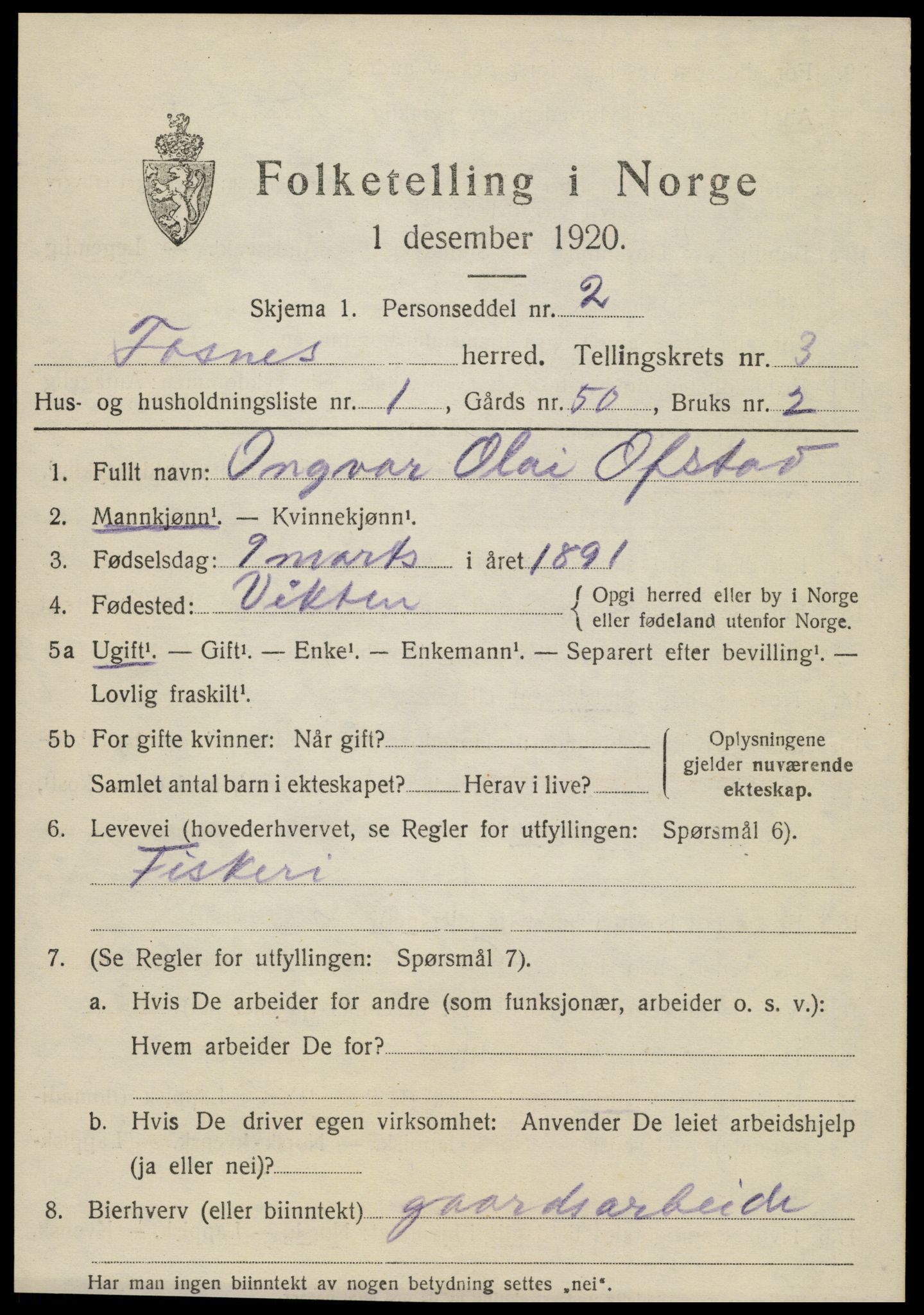 SAT, 1920 census for Fosnes, 1920, p. 1485