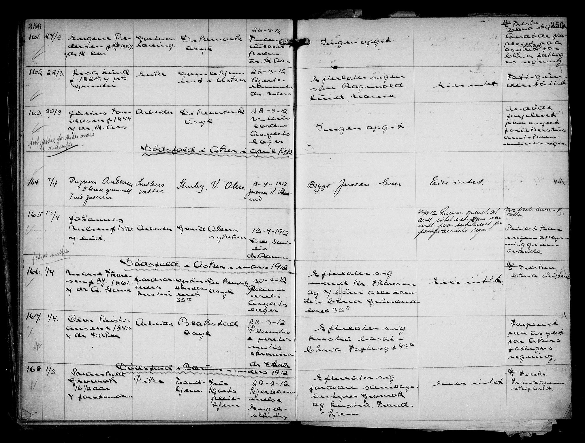 Aker kriminaldommer, skifte- og auksjonsforvalterembete, SAO/A-10452/H/Hb/Hba/Hbaa/L0002: Dødsfallsprotokoll, 1907-1912, p. 356