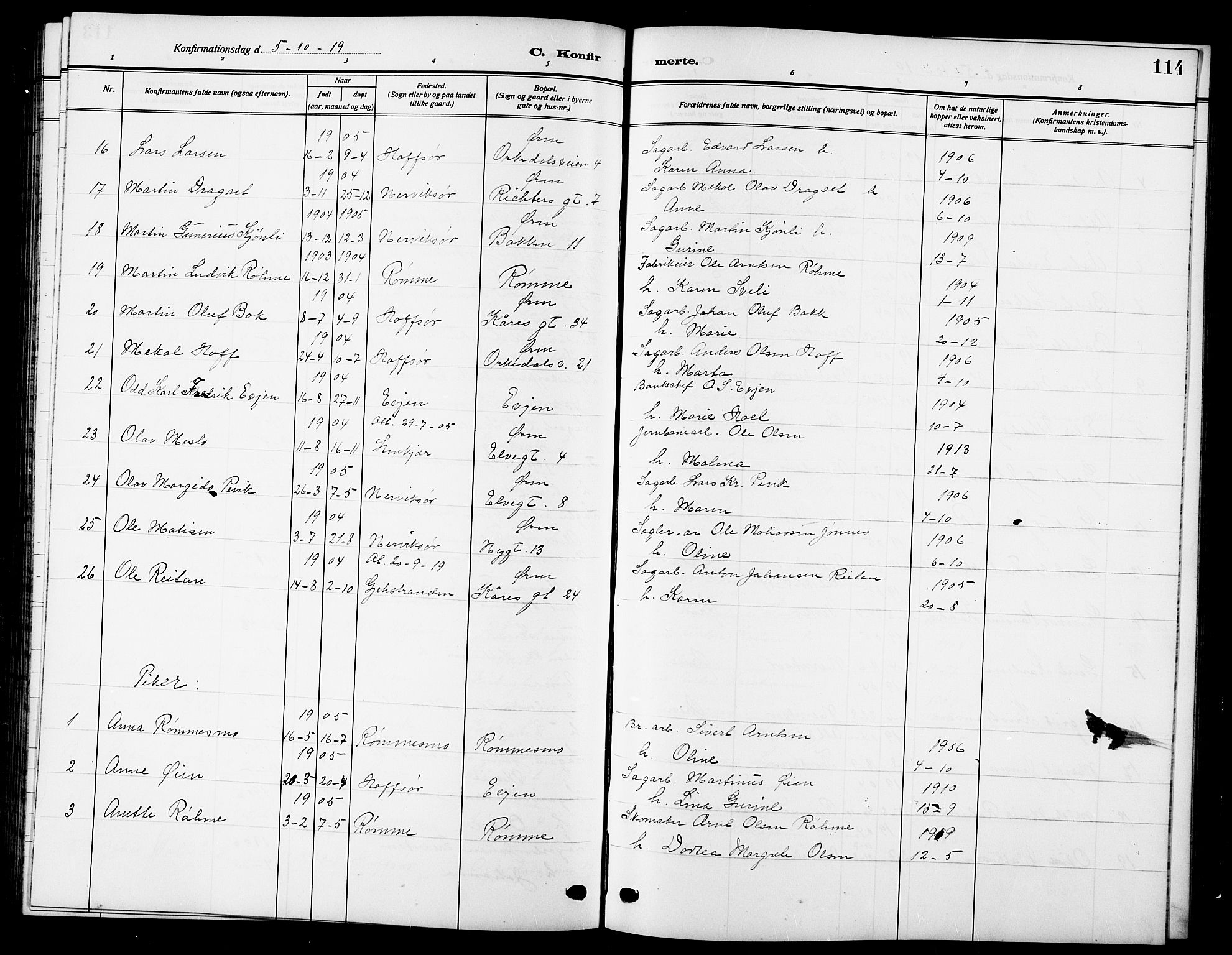 Ministerialprotokoller, klokkerbøker og fødselsregistre - Sør-Trøndelag, SAT/A-1456/669/L0831: Parish register (copy) no. 669C01, 1909-1924, p. 114