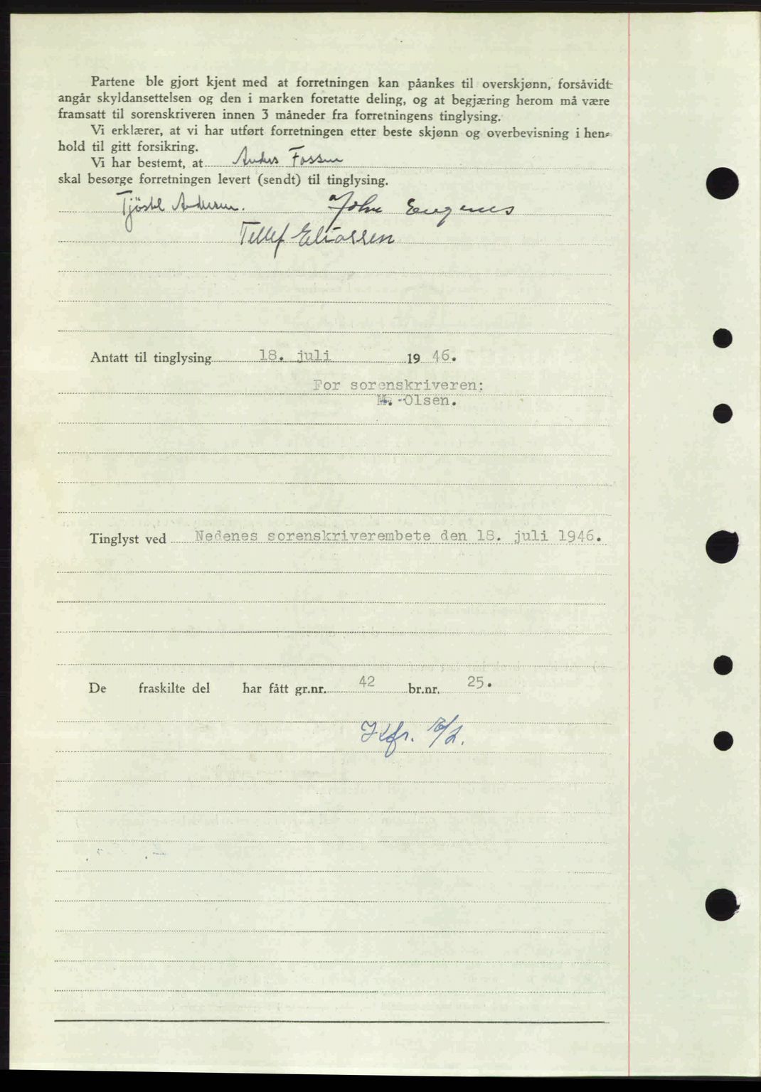 Nedenes sorenskriveri, SAK/1221-0006/G/Gb/Gba/L0055: Mortgage book no. A7, 1946-1946, Diary no: : 791/1946