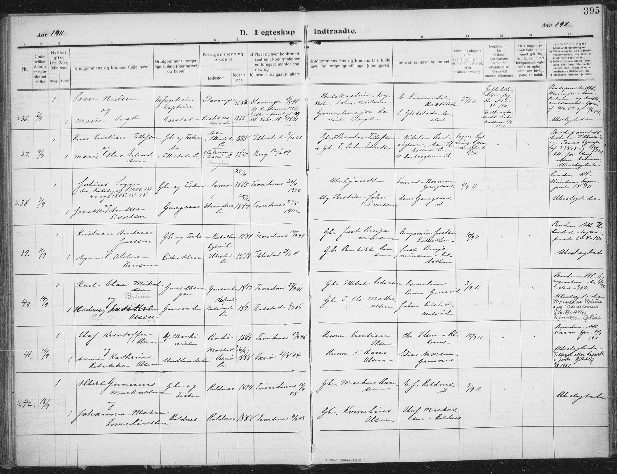 Trondenes sokneprestkontor, AV/SATØ-S-1319/H/Ha/L0018kirke: Parish register (official) no. 18, 1909-1918, p. 395