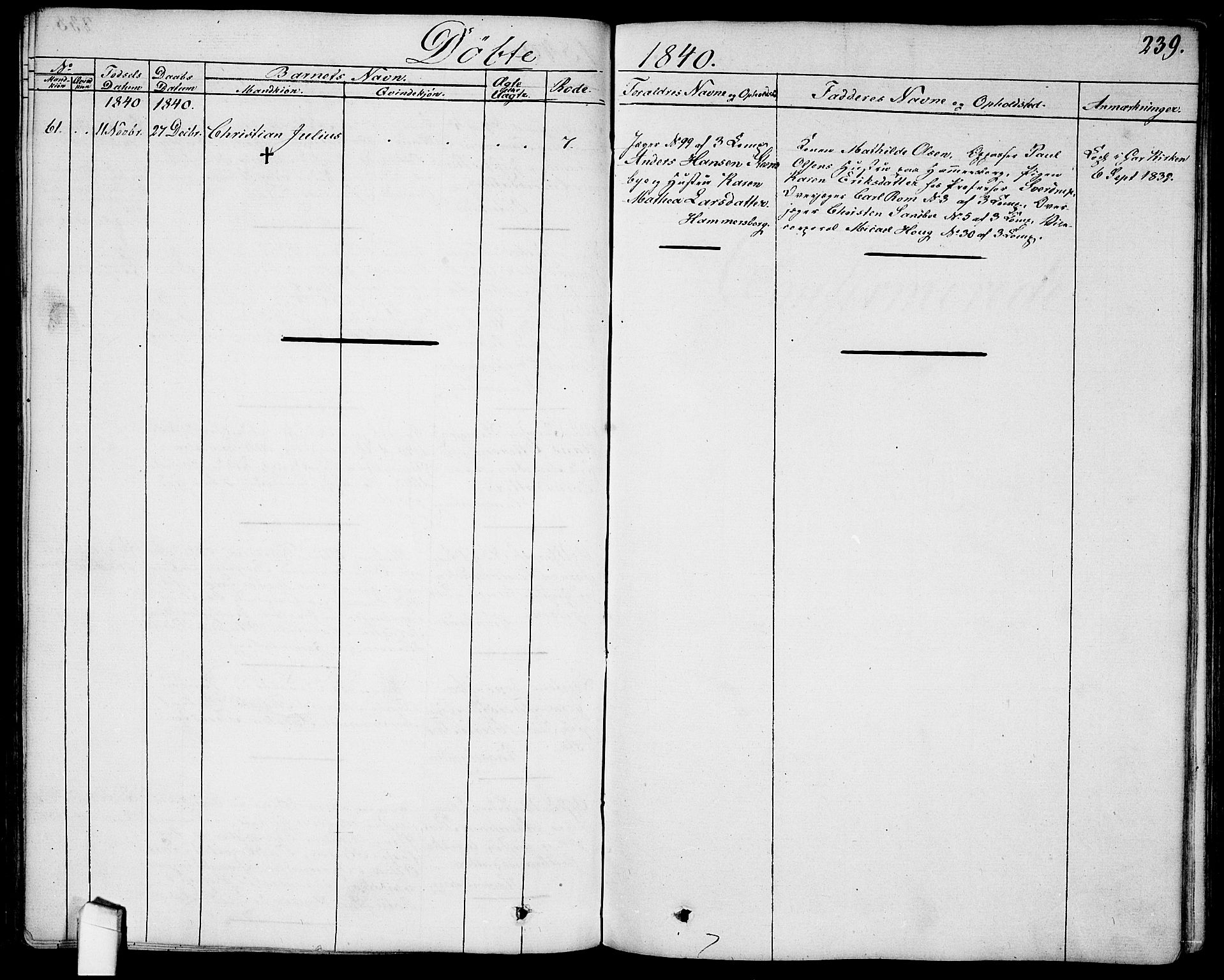 Garnisonsmenigheten Kirkebøker, AV/SAO-A-10846/G/Ga/L0004: Parish register (copy) no. 4, 1828-1840, p. 239