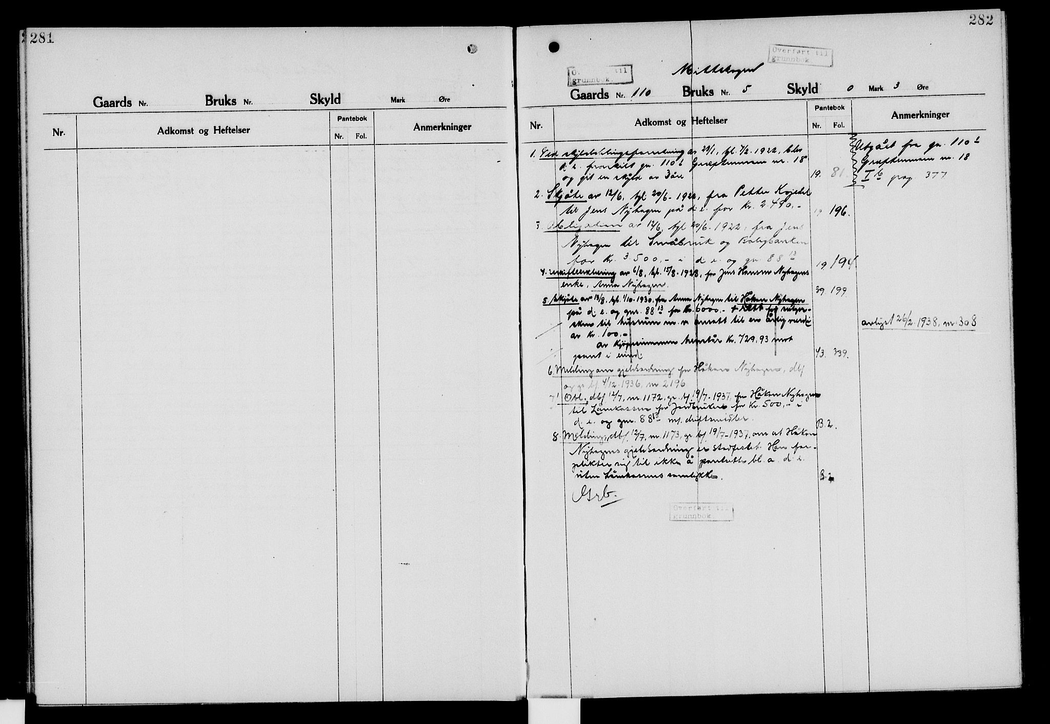 Nord-Hedmark sorenskriveri, SAH/TING-012/H/Ha/Had/Hade/L0006: Mortgage register no. 4.6, 1920-1940, p. 281-282