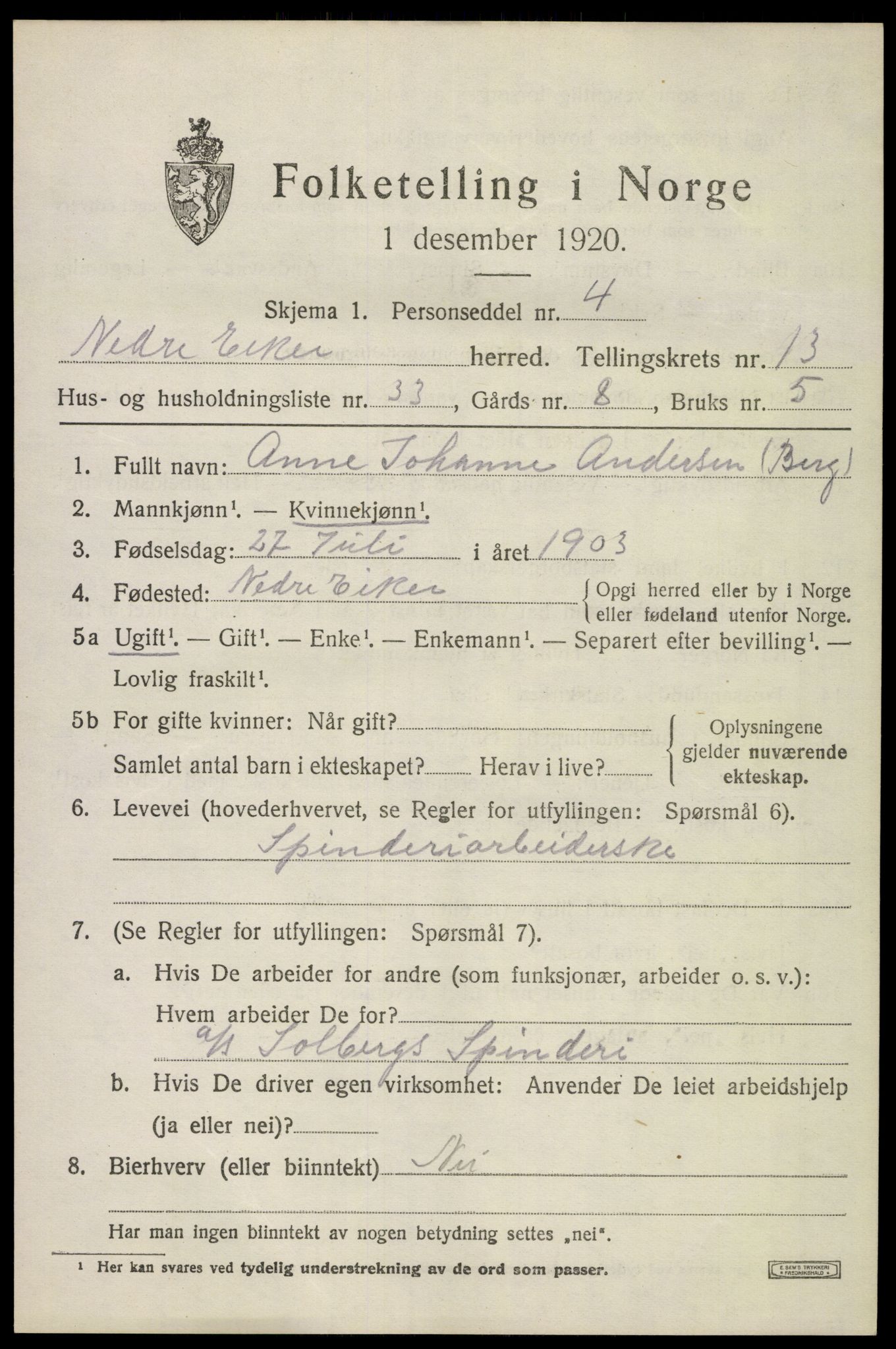 SAKO, 1920 census for Nedre Eiker, 1920, p. 15151