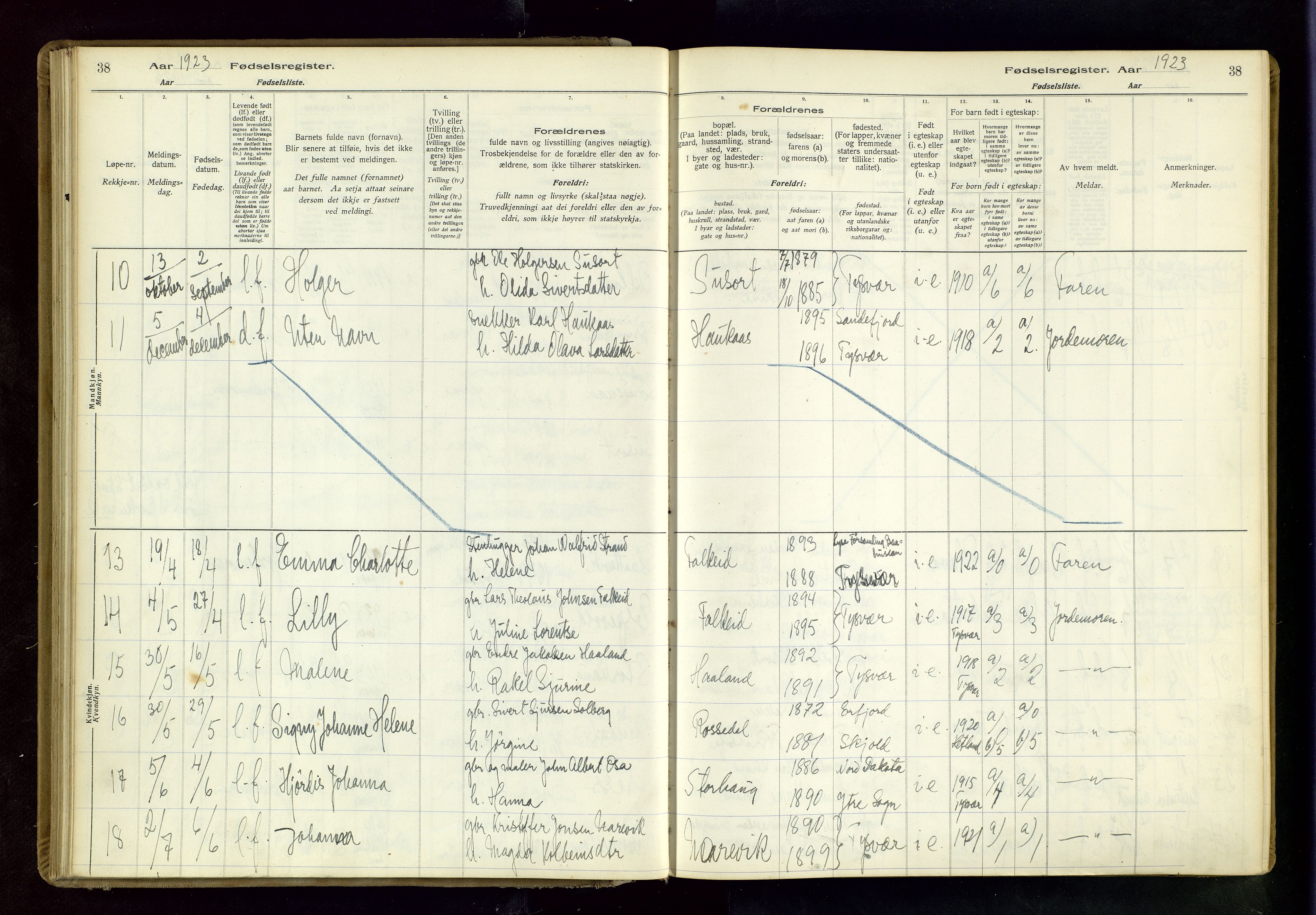 Tysvær sokneprestkontor, AV/SAST-A -101864/I/Id/L0001: Birth register no. 1, 1916-1954, p. 38