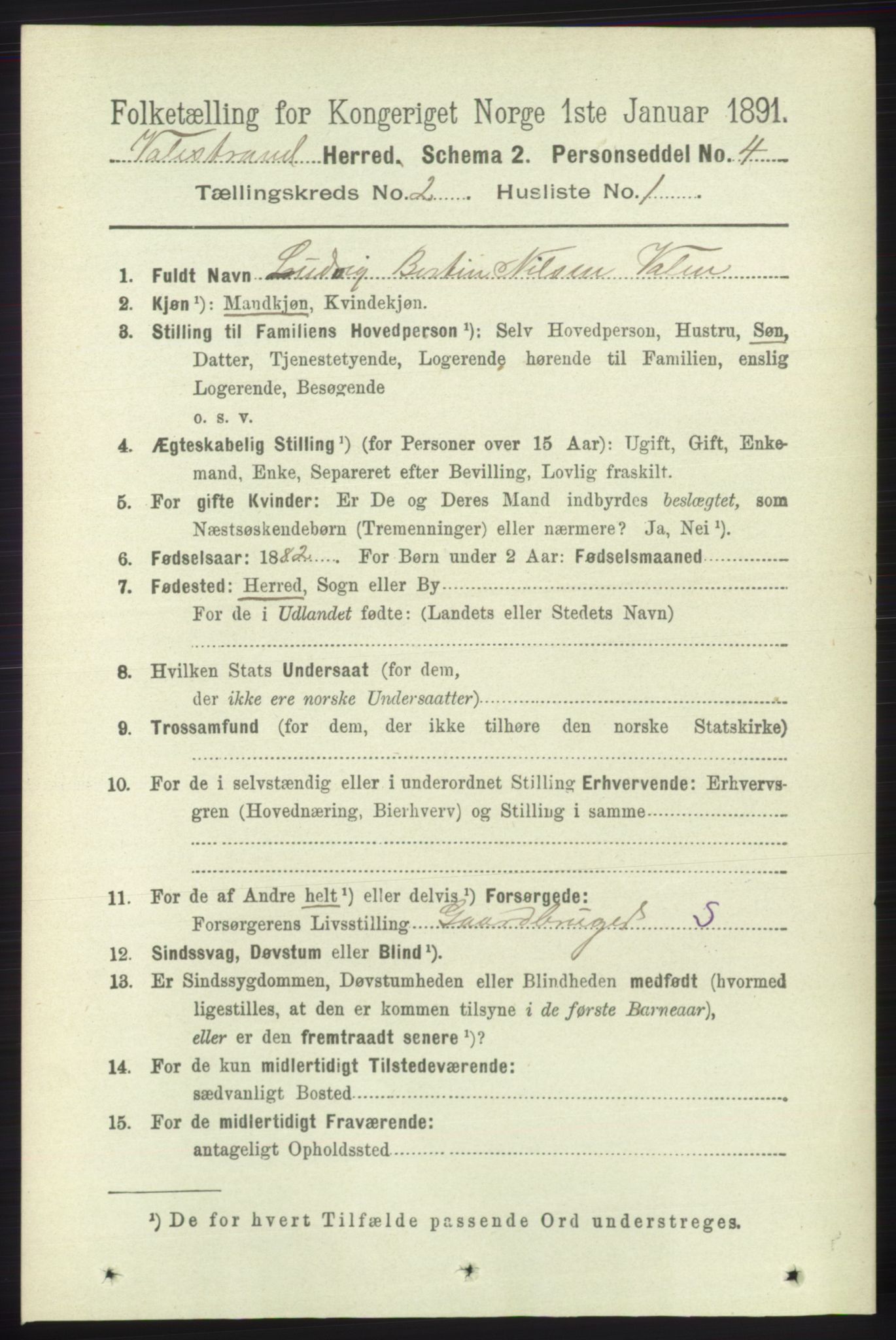 RA, 1891 census for 1217 Valestrand, 1891, p. 300