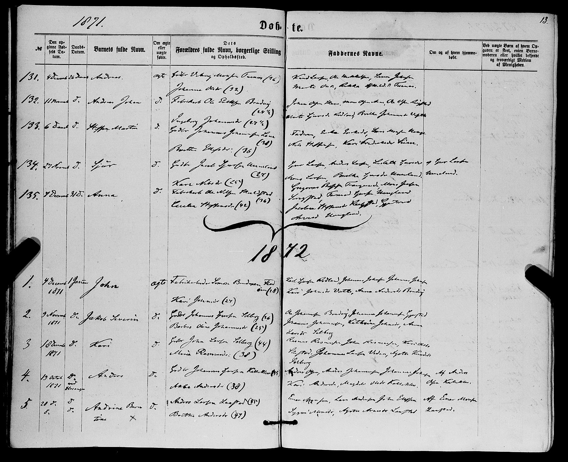 Haus sokneprestembete, SAB/A-75601/H/Haa: Parish register (official) no. A 18, 1871-1877, p. 13