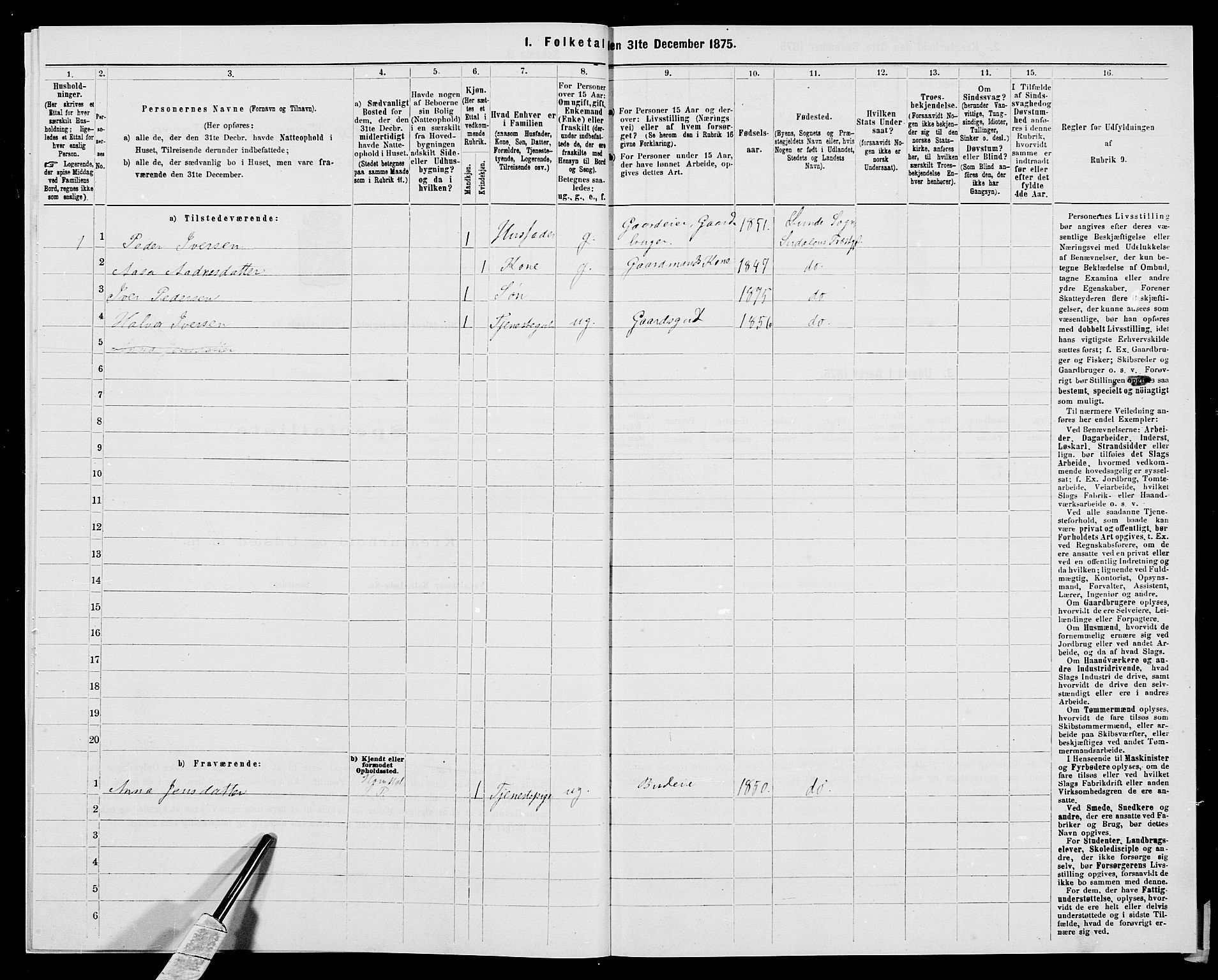 SAK, 1875 census for 1046P Sirdal, 1875, p. 586