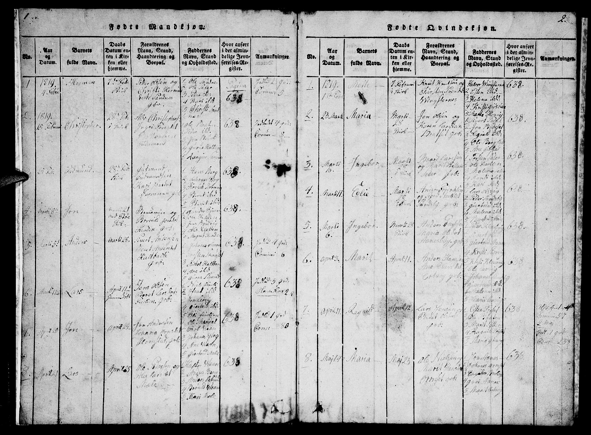 Ministerialprotokoller, klokkerbøker og fødselsregistre - Møre og Romsdal, SAT/A-1454/578/L0908: Parish register (copy) no. 578C01, 1819-1837, p. 1-2
