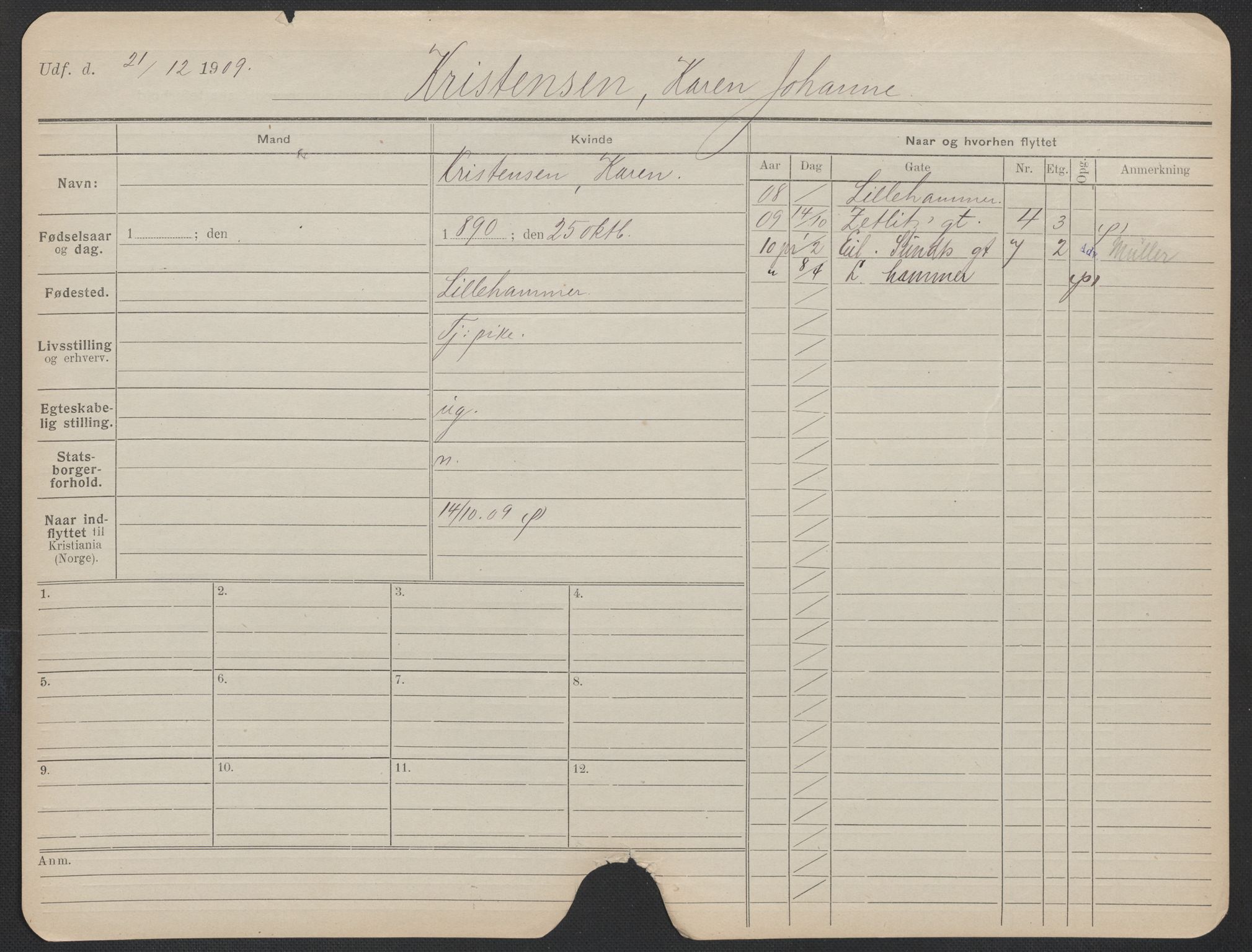 Oslo folkeregister, Registerkort, AV/SAO-A-11715/F/Fa/Fac/L0019: Kvinner, 1906-1914, p. 152a