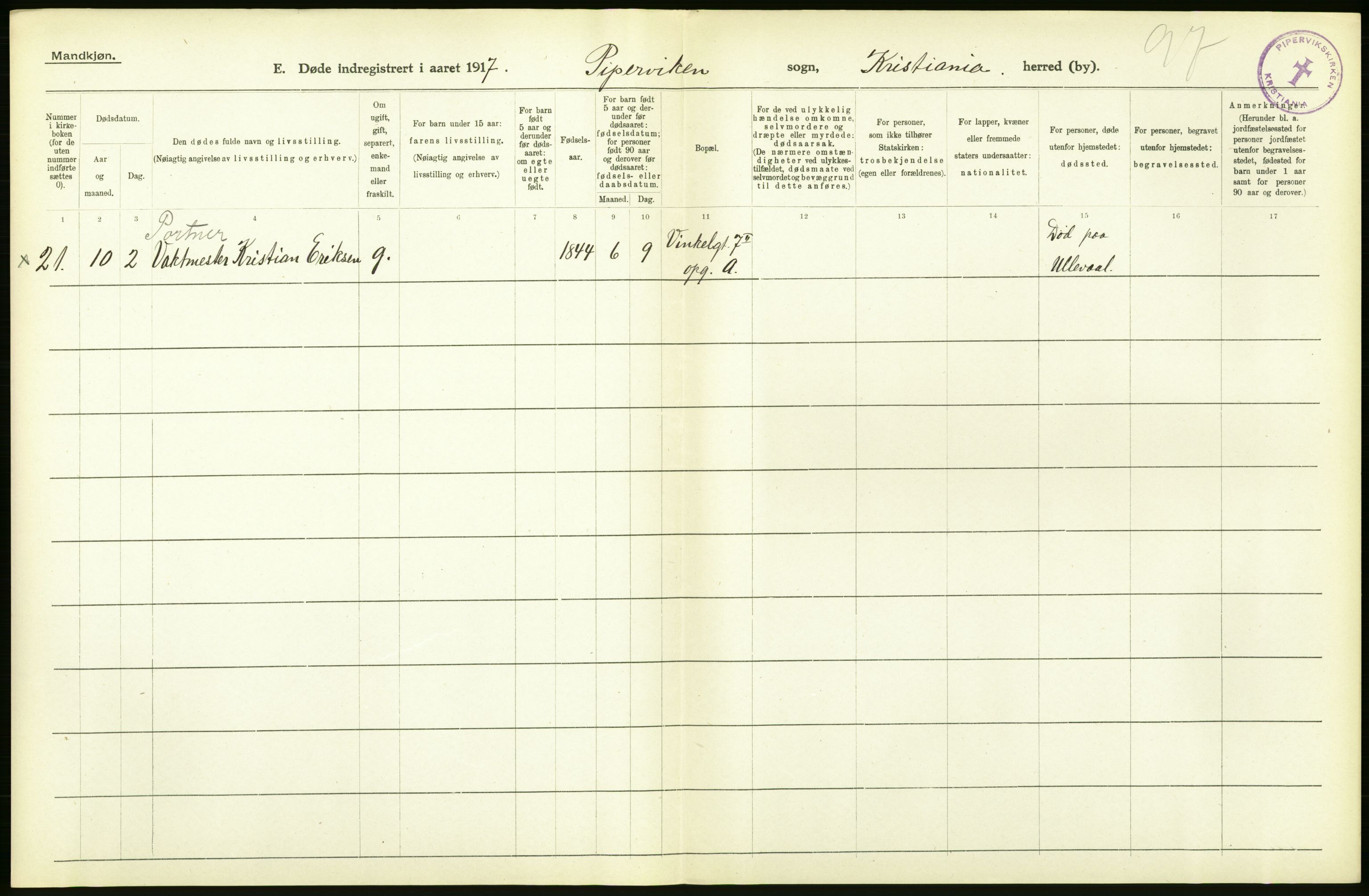 Statistisk sentralbyrå, Sosiodemografiske emner, Befolkning, AV/RA-S-2228/D/Df/Dfb/Dfbg/L0011: Kristiania: Døde, dødfødte., 1917, p. 12