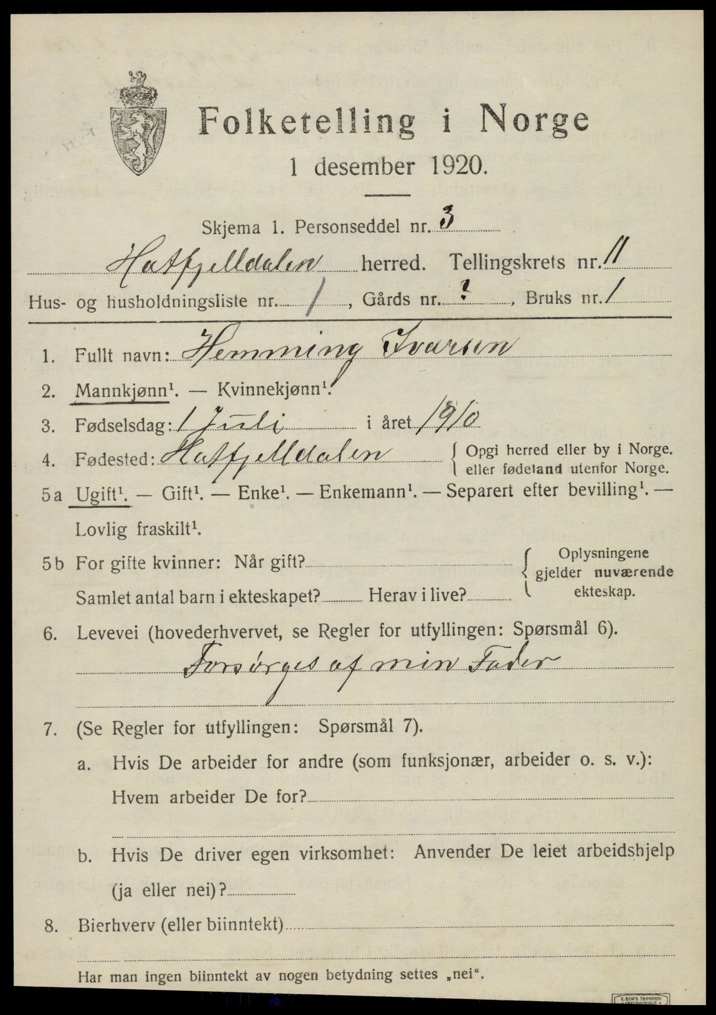 SAT, 1920 census for Hattfjelldal, 1920, p. 2512